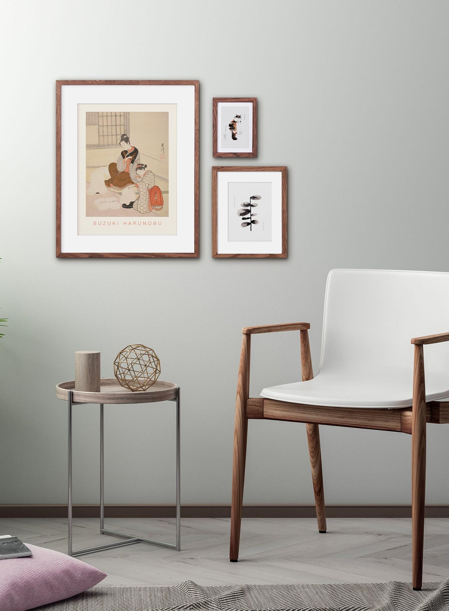 Evening snow on a Floss Shaper is a minimalist gravure by Opposite Wall of Suzuki Harunobu's Evening Snow on a Floss Shaper from the series "Eight Views of the Parlor".