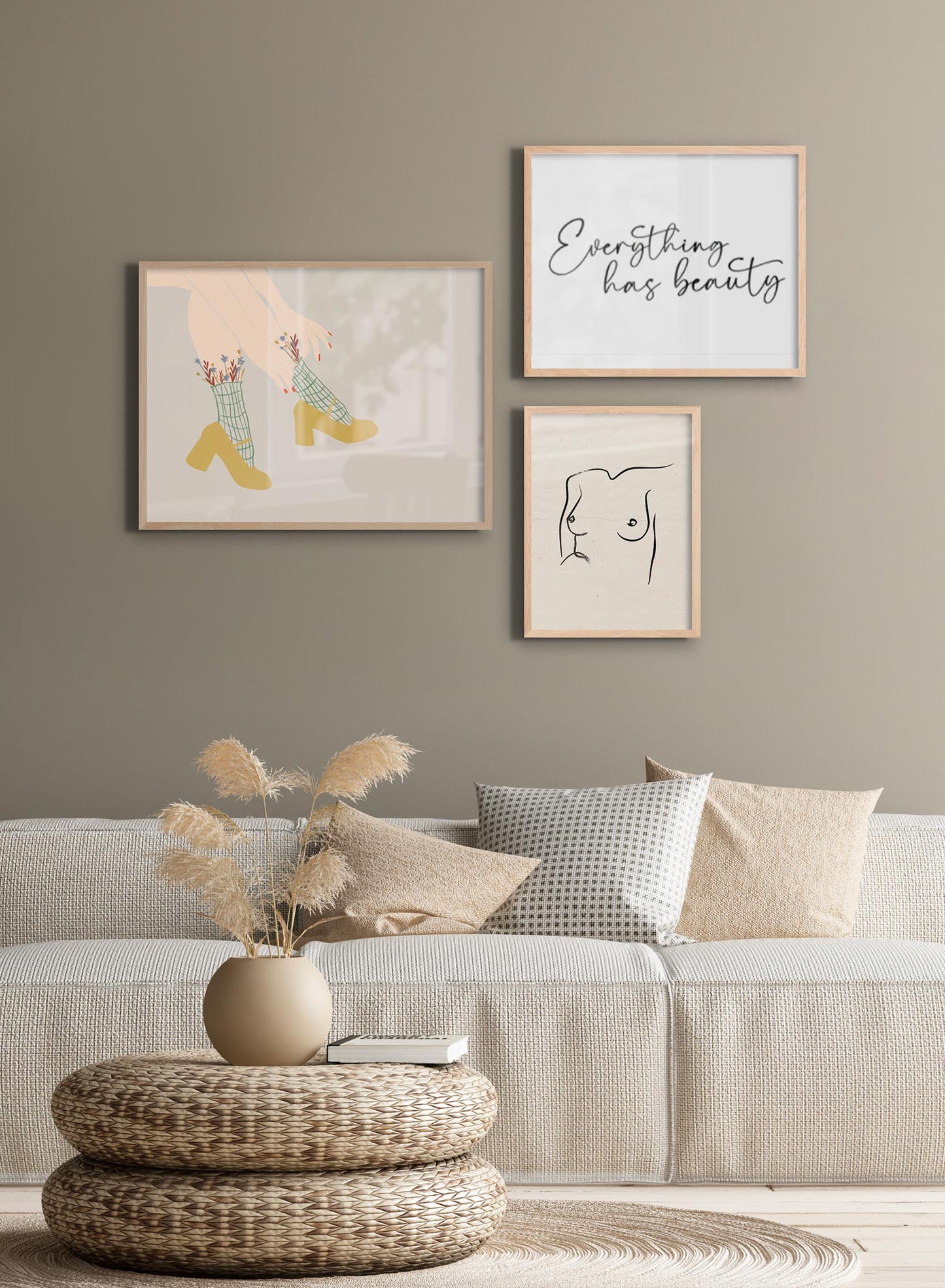 Sock Hop is a minimalist illustration by Opposite Wall of a woman pulling up her flowery socks while wearing yellow high heels.