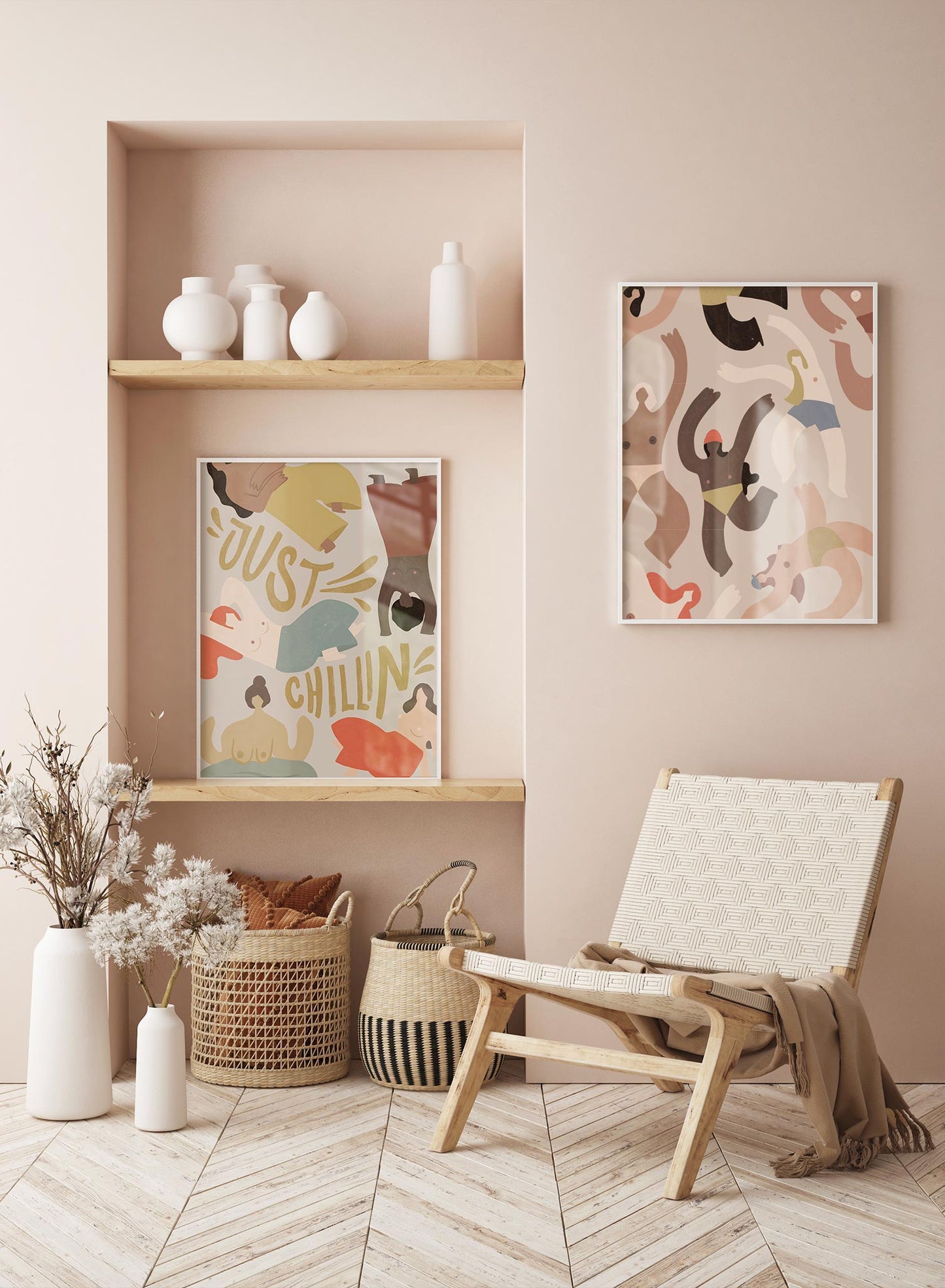 Topless Hangout is a minimalist typography by Opposite Wall of the words "Just Chillin'" surrounded by bra-less women enjoying the freedom.