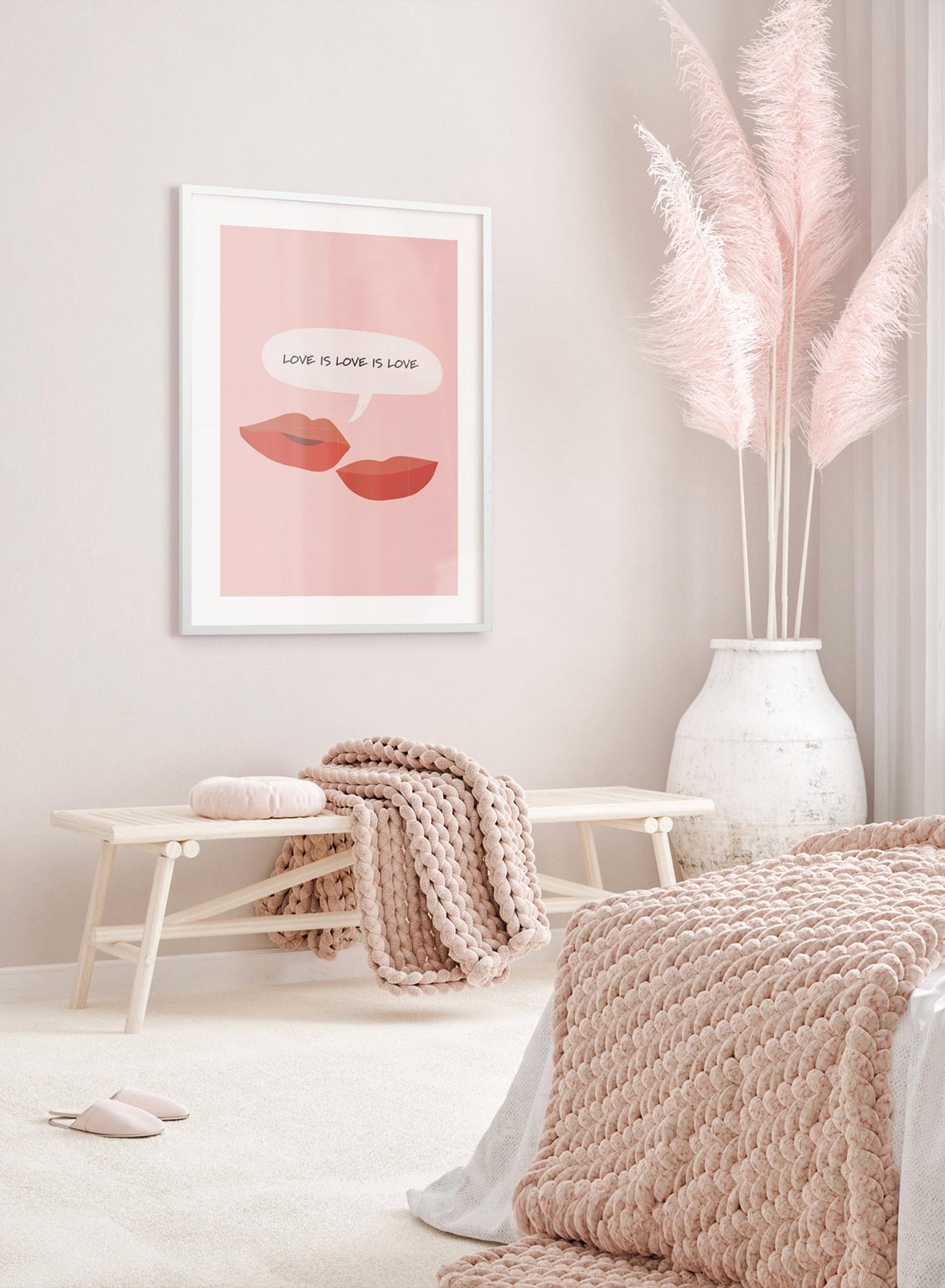 Love is Love is a minimalist typography by Opposite Wall of a pair of lips telling another that "Love is love is love" in a speech bubble.