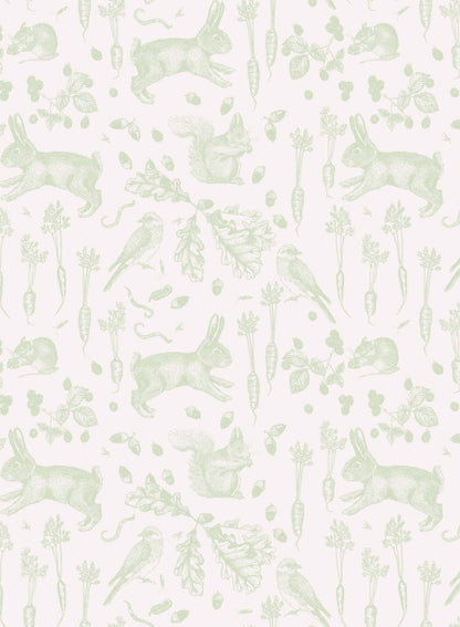 Garden Thieves is a minimalist wallpaper by Opposite Wall of common animals and vegetables found in a backyard garden.