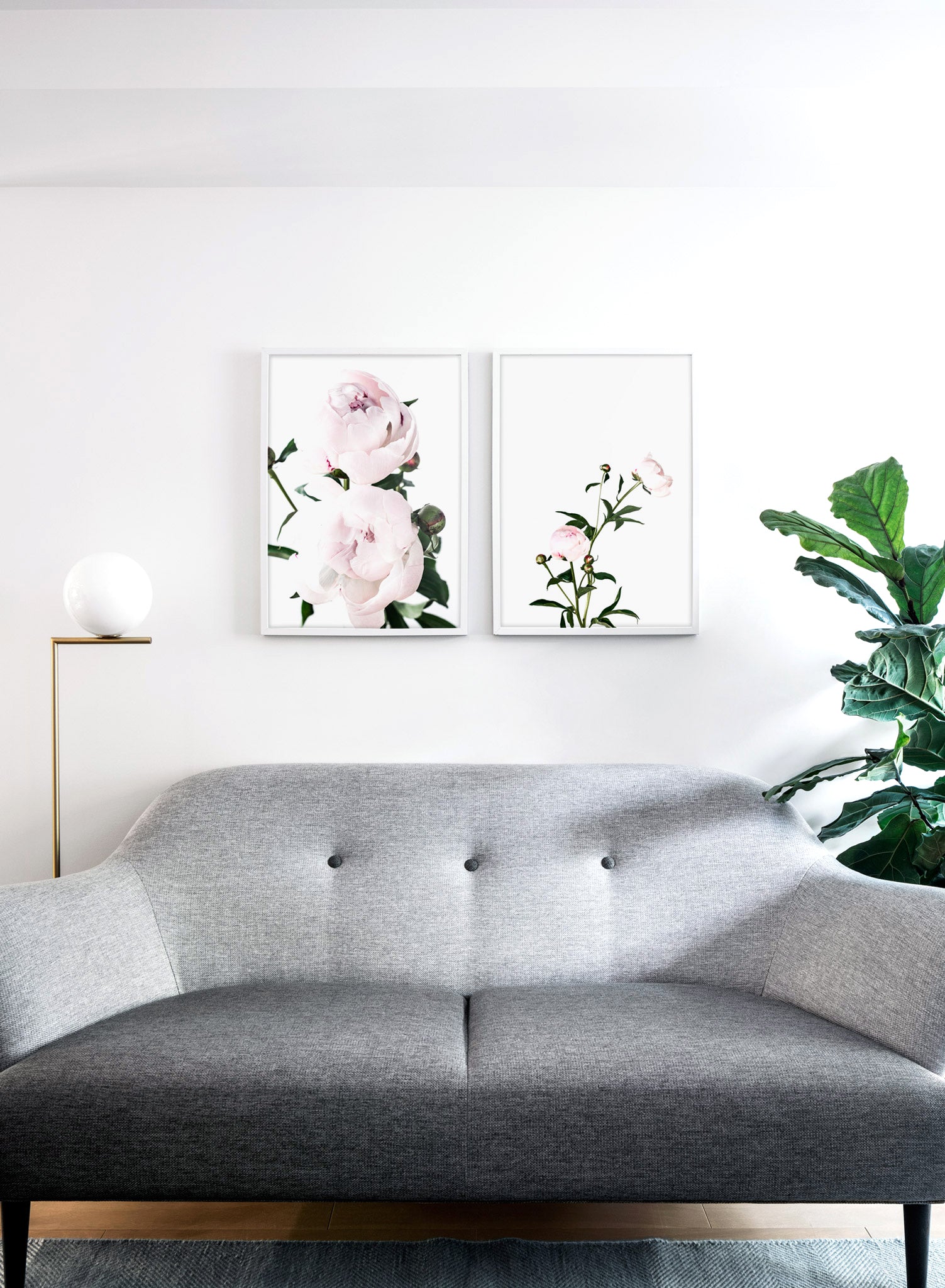 Scandinavian poster by Opposite Wall with trendy art photo of peonies - Romance - Living room with a sofa