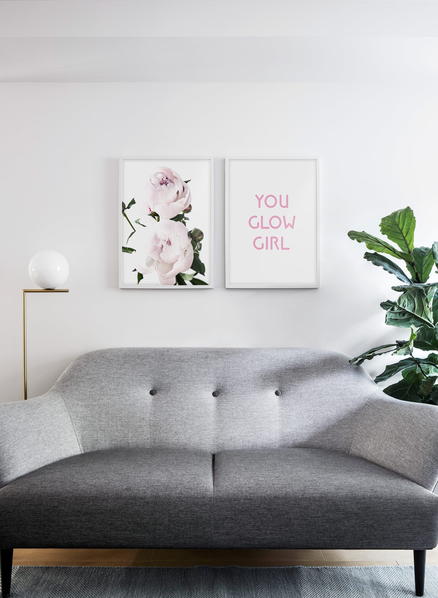 Scandinavian poster with pink graphic typography design of You Glow Girl and flower photography - Living room