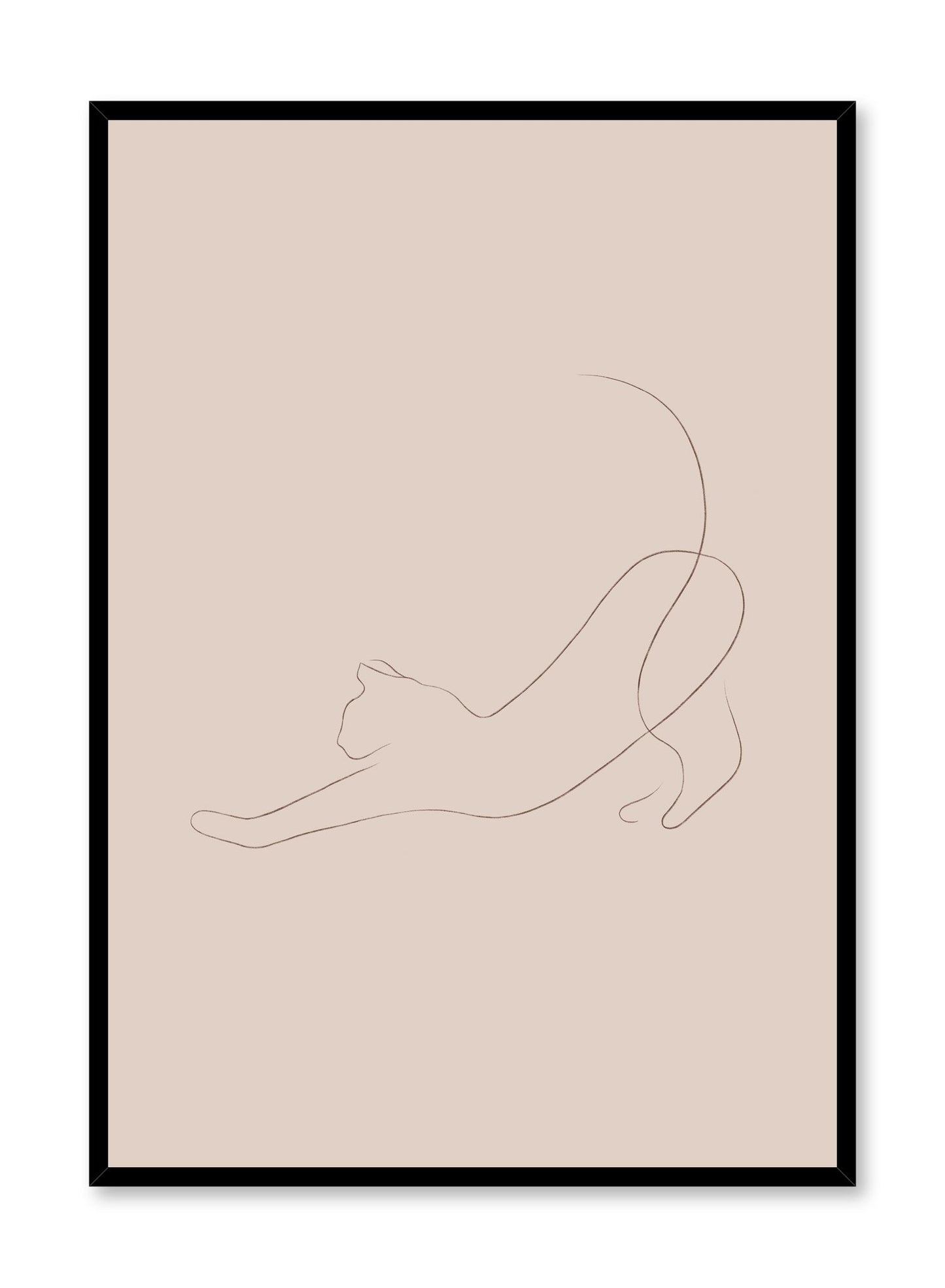 Modern minimalist poster by Opposite Wall with abstract illustration of stretching cat line art with beige background