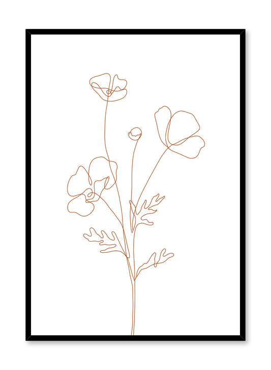 Minimalist design poster by Opposite Wall with line art drawing of poppy with orange lines