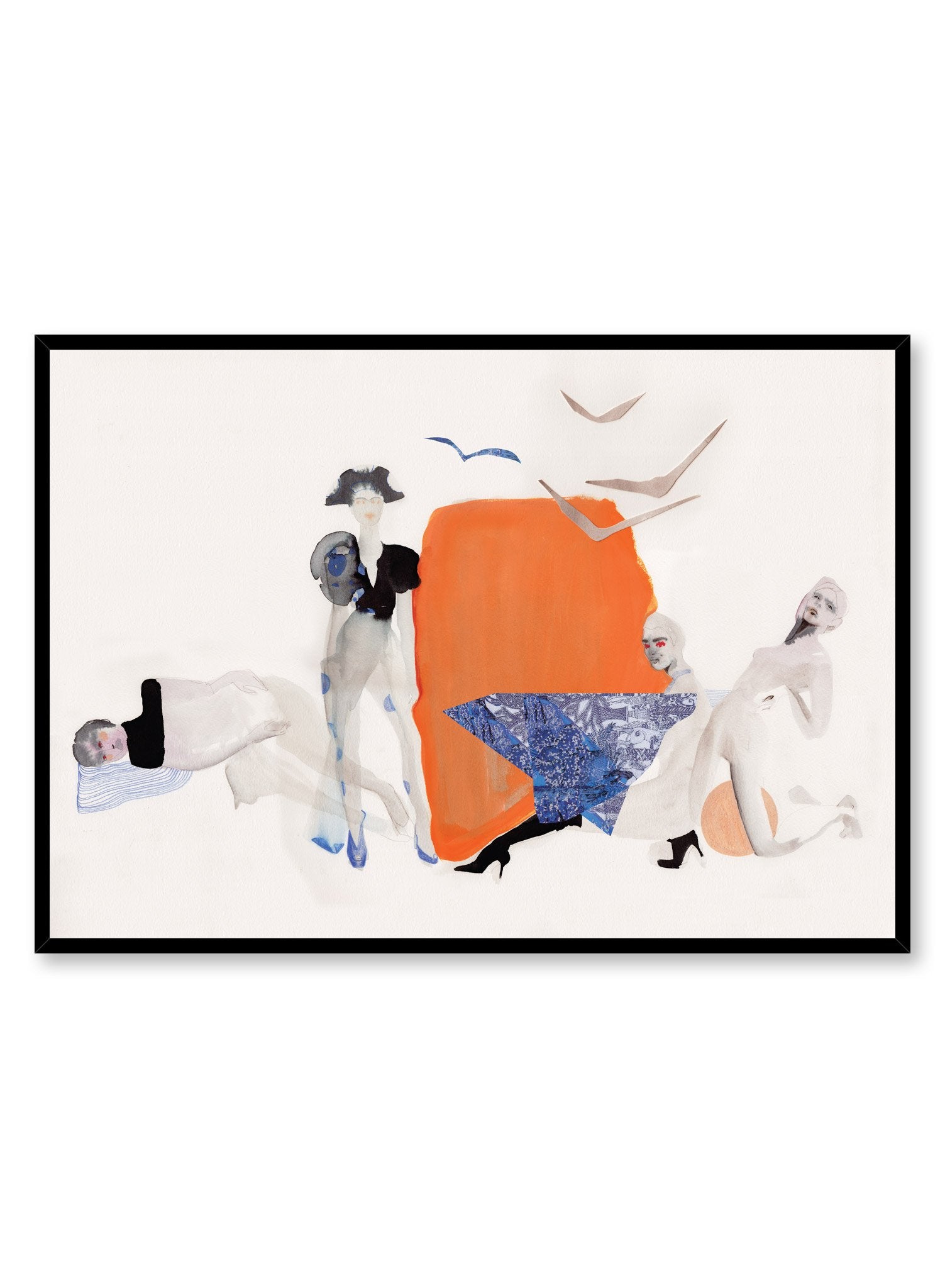 Horizontal abstract fashion poster by Opposite Wall of four minimalist model silhouettes and flying seagulls layered over an orange and beige background.