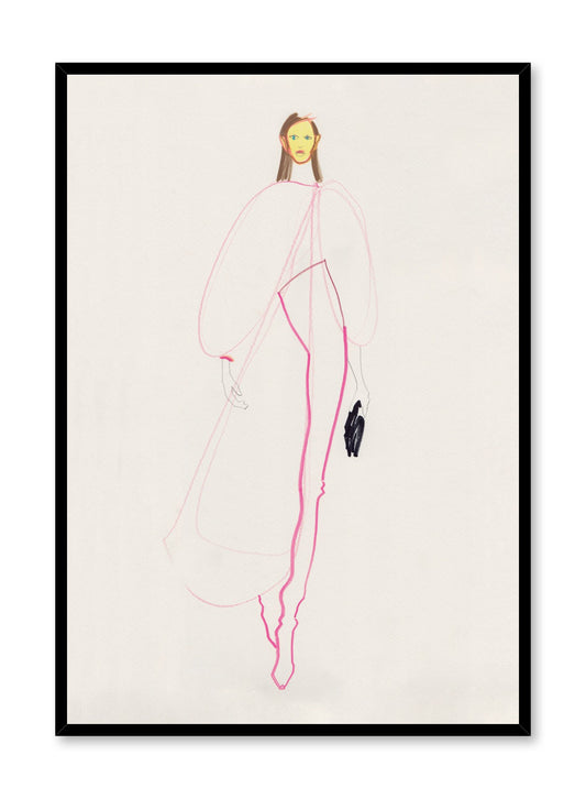 Minimalist fashion print by Opposite Wall of a tall model character wearing a white flowy jacket and white pants outlined in pink.