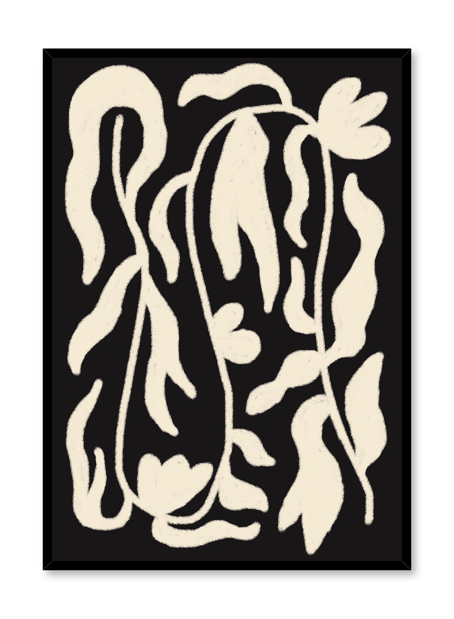 "Serpentine in Black" is a minimalist  botanical illustration poster by Opposite Wall of vintage black and beige leaves. 