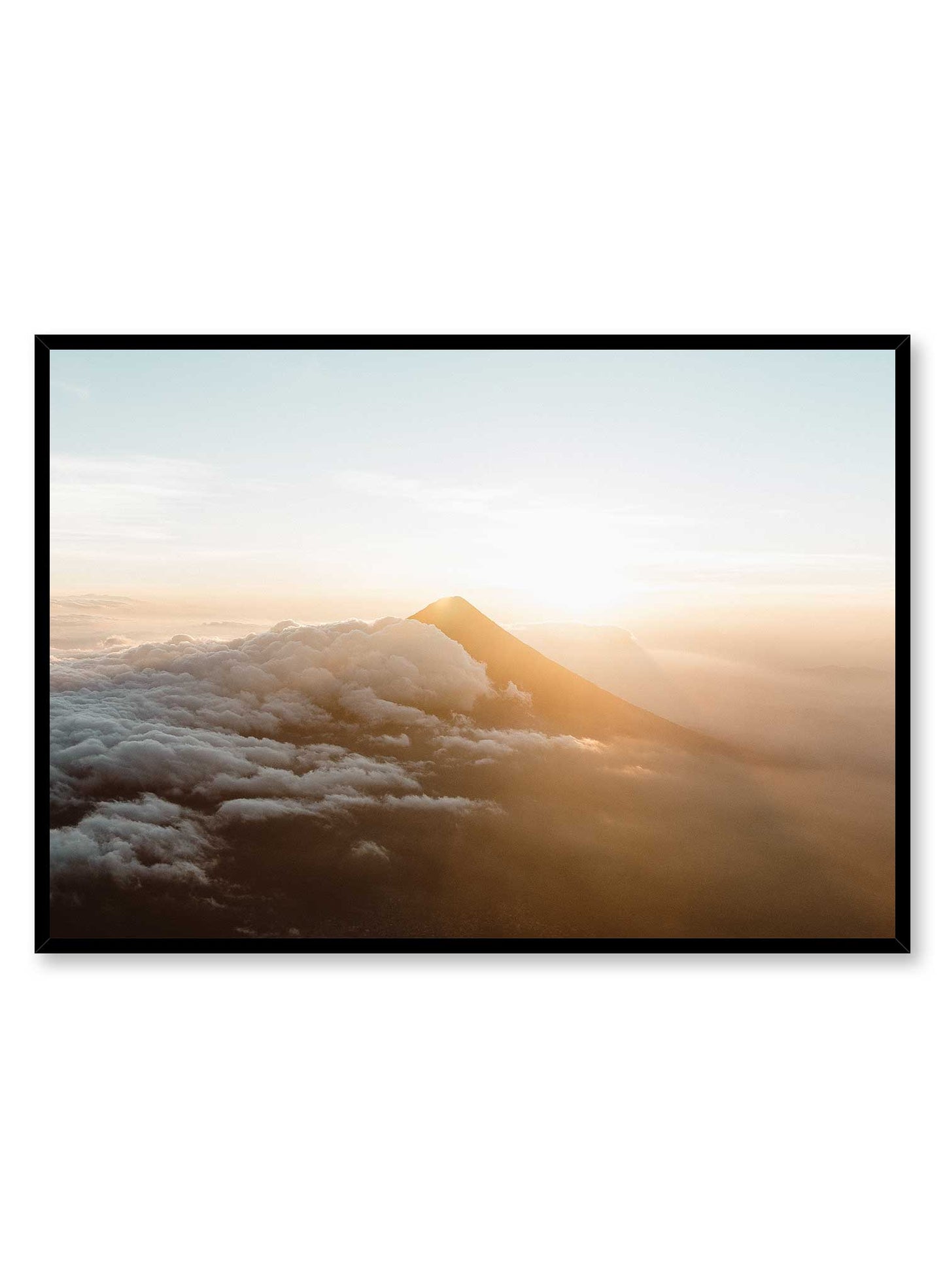 Zenith' is a breathtaking landscape photography poster by Opposite Wall of a sun-kissed mountain peaking through the clouds in the Guatemala sky.