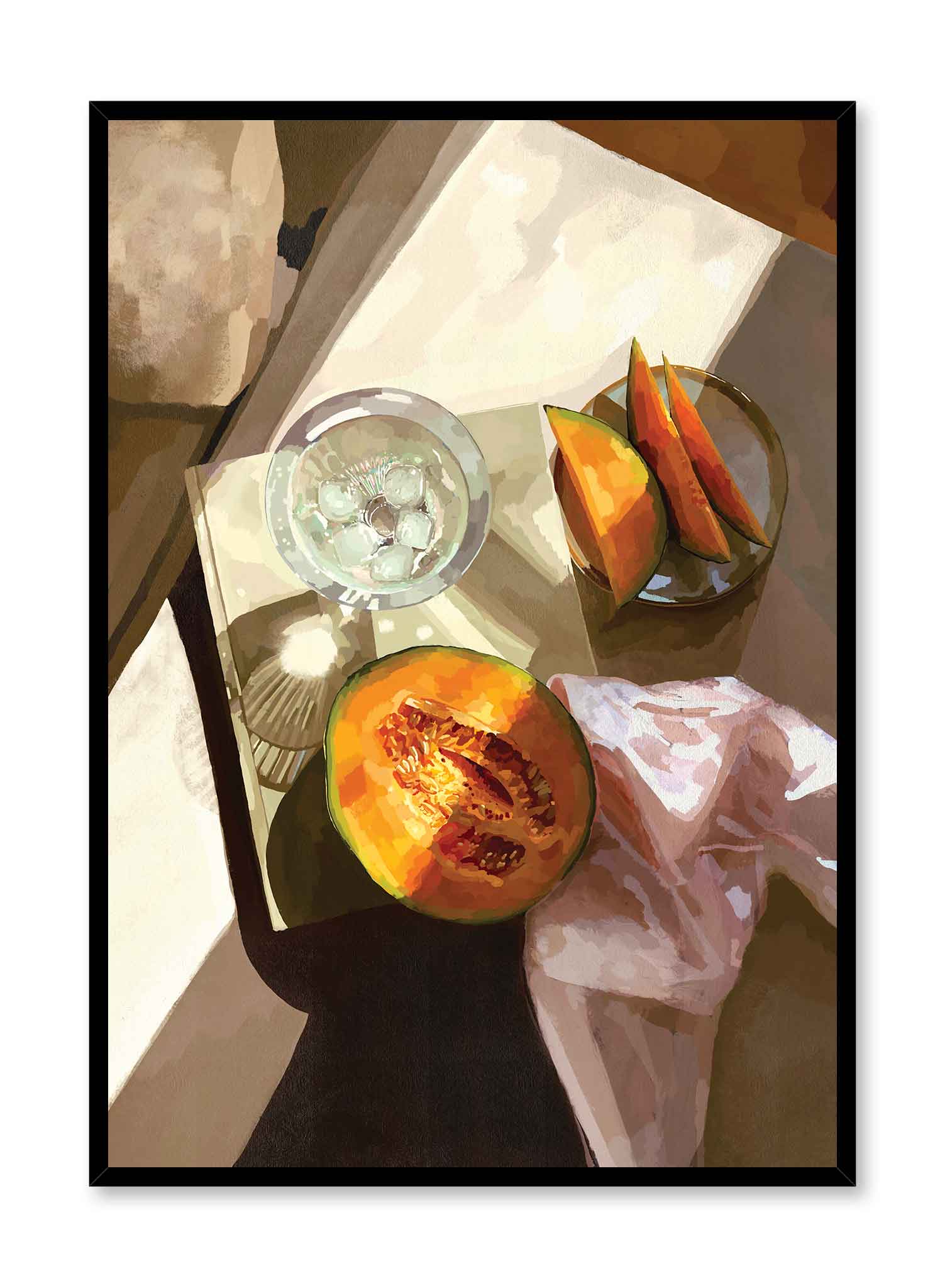 Sweet Cantaloupe is an illustration of a half-cut cantaloupe and a glass of ice water on top of a book by Audrey Rivet in collaboration with Opposite Wall.