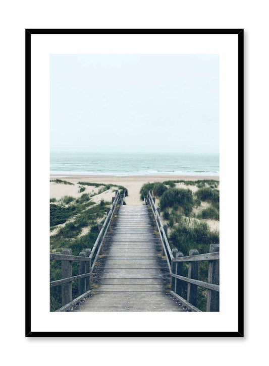 Beach Entrance' is a minimalist photography by Opposite Wall of a long wood staircase leading down to a beige sandy beach.
