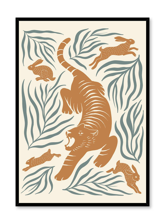 Mighty Roar is a minimalist illustration of a mighty orange tiger scaring away four rabbits away with its powerful roar by Opposite Wall.