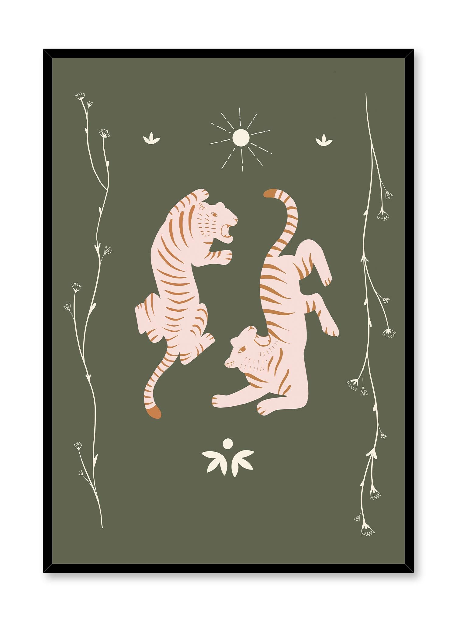 Tiger Team is a minimalist illustration of a pair of pink tiger twins with orange stripes standing in opposite direction roaring to show their dominance by Opposite Wall.