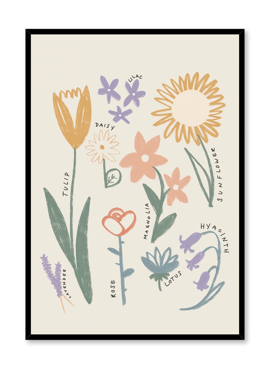 Little Gardener’s Guide is a minimalist illustration by Opposite Wall of various types of commonly found flowers with their names in English.