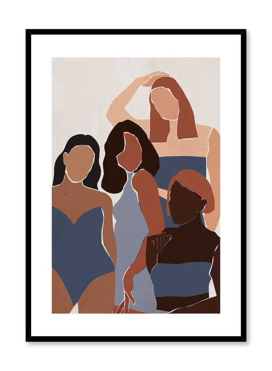 Ladies Who Swim is a minimalist illustration by Opposite Wall of four women wearing swimsuits and posing confidently.