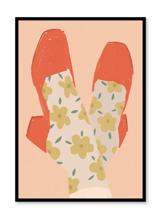 Power Shoes is a minimalist illustration by Opposite Wall of a woman wearing flower-patterned socks with a pair of orange high heels.