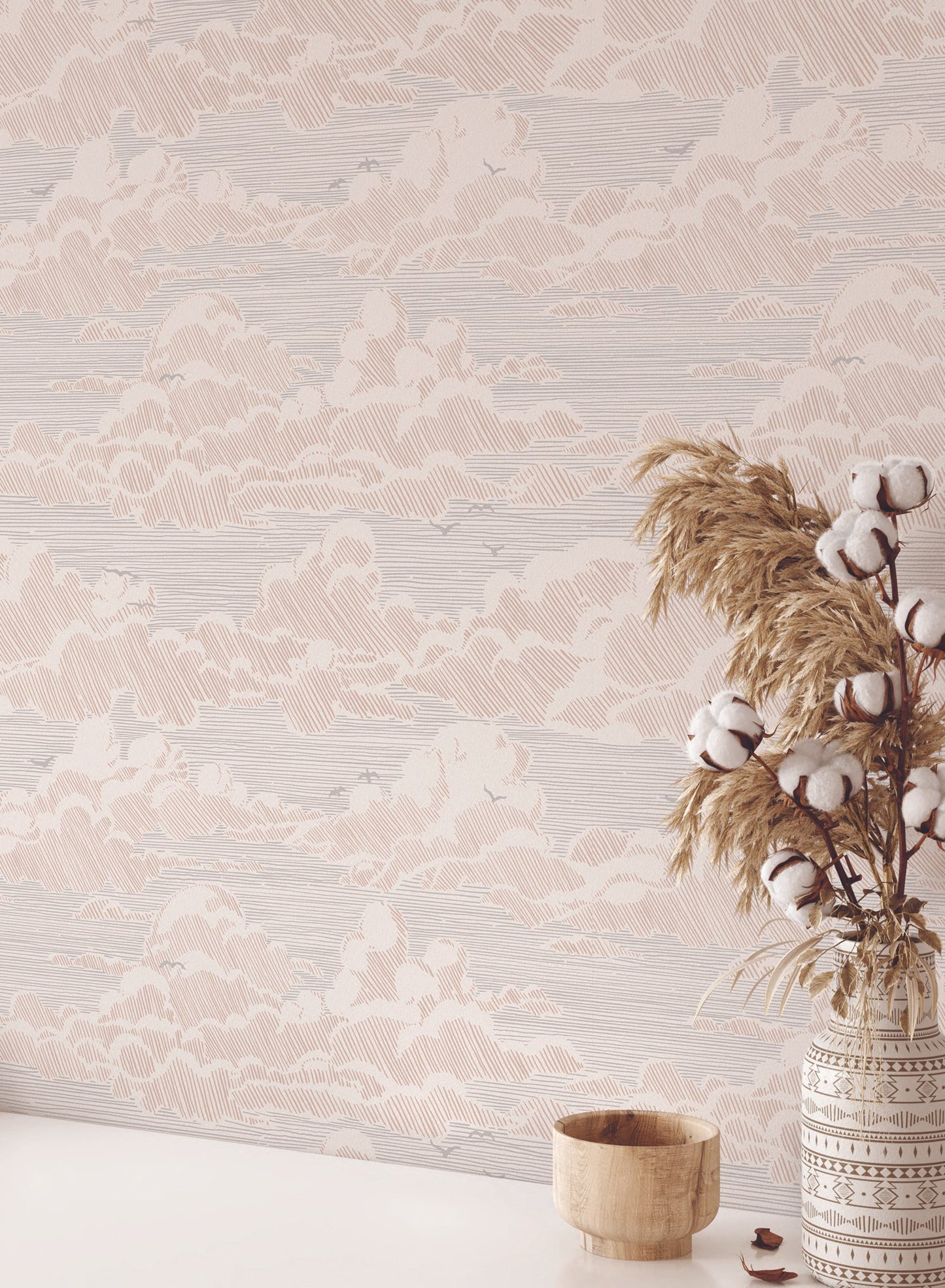 Sky Bound is a minimalist wallpaper by Opposite Wall of a cloudy sky background with birds flying across.