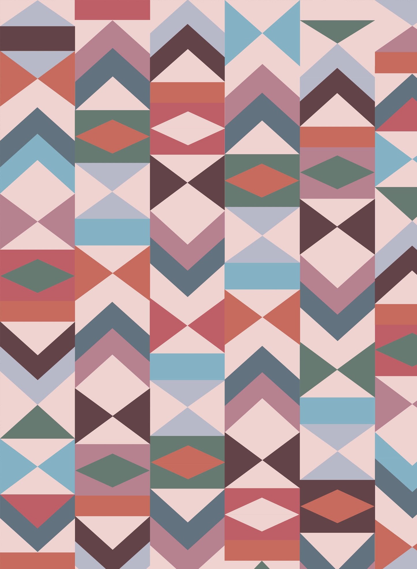 Tangram is a minimalist wallpaper by Opposite Wall of various vertical arrangements of colourful triangles.