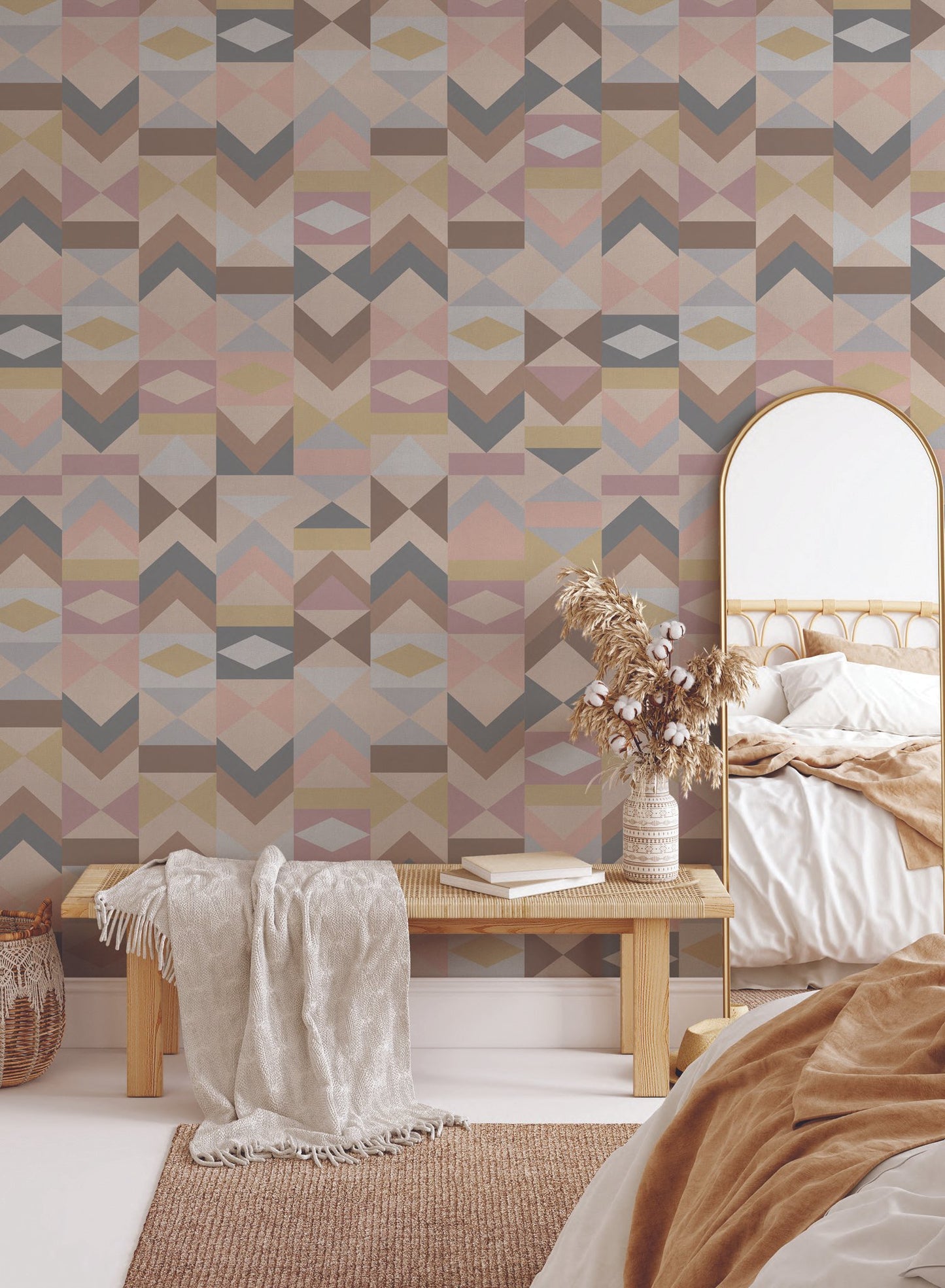 Tangram is a minimalist wallpaper by Opposite Wall of various vertical arrangements of colourful triangles.