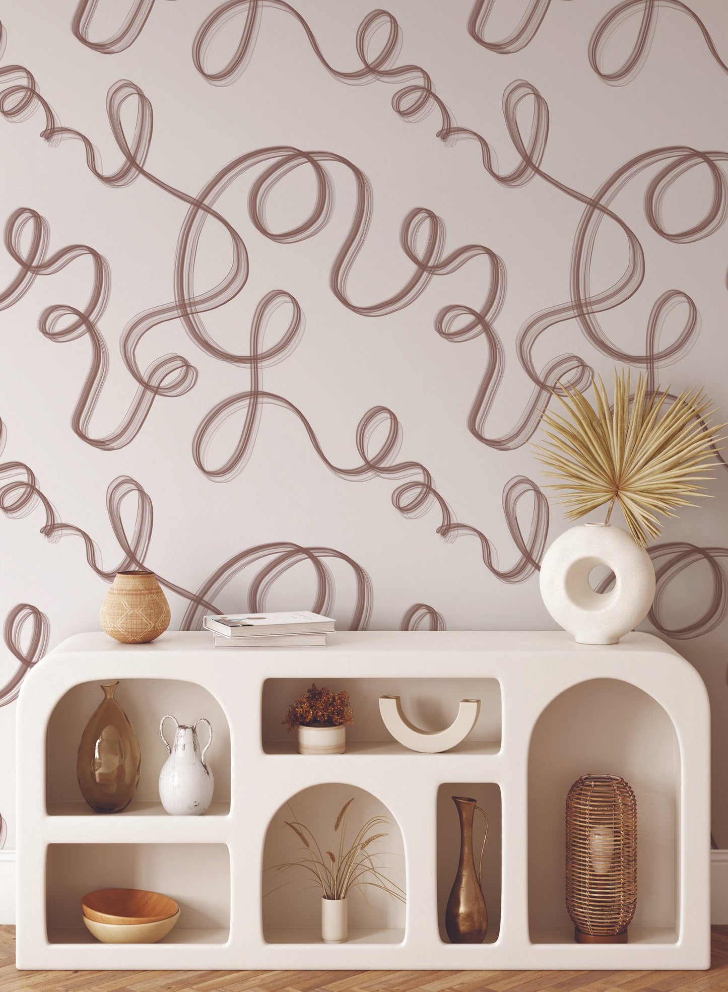 Up in Smoke is a minimalist wallpaper by Opposite Wall of cursive lines travelling on the wall.