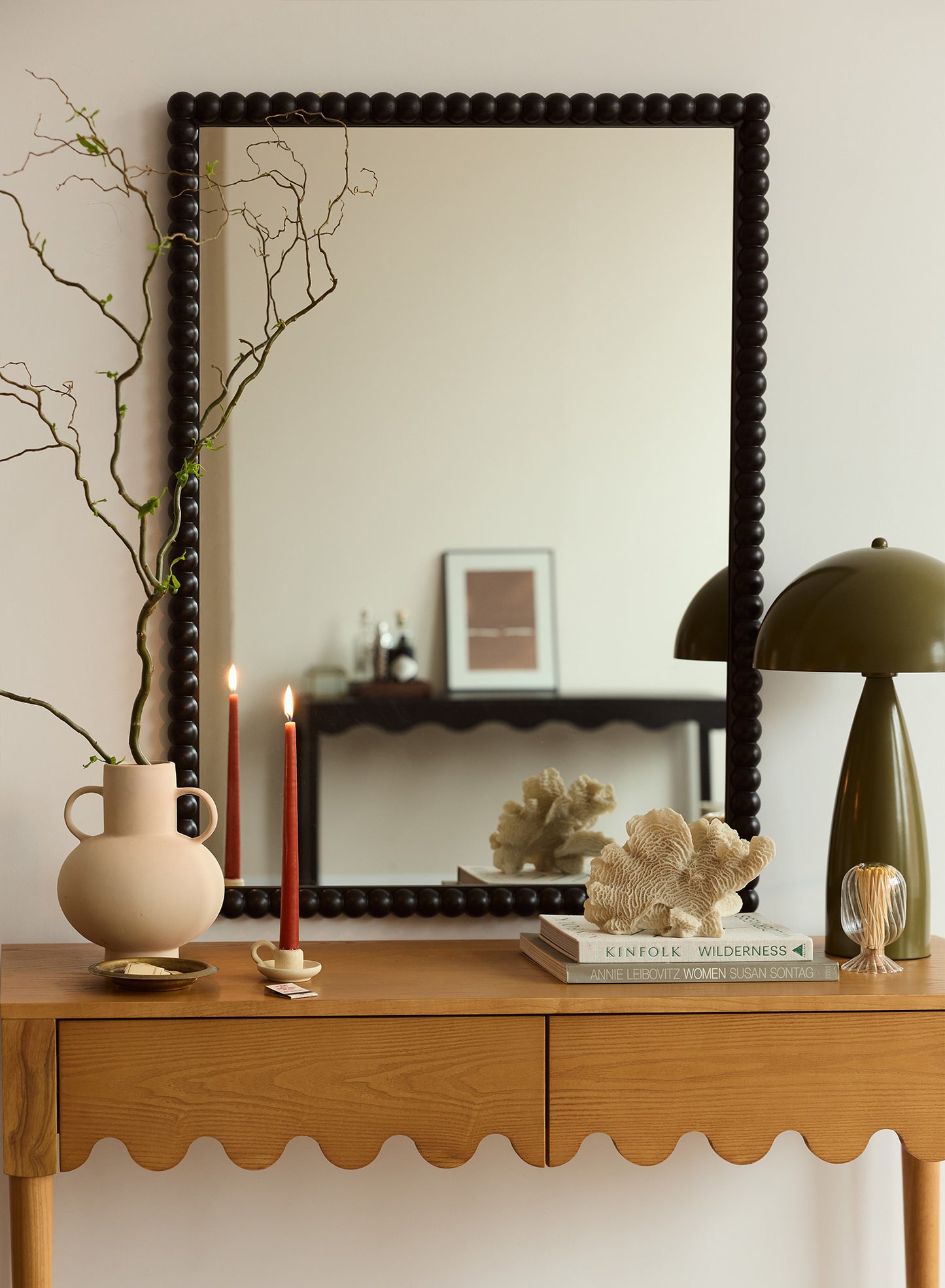 Large Stone Bobbin Mirror – Black, Oak Frame, 28x40 in | 70x100 cm