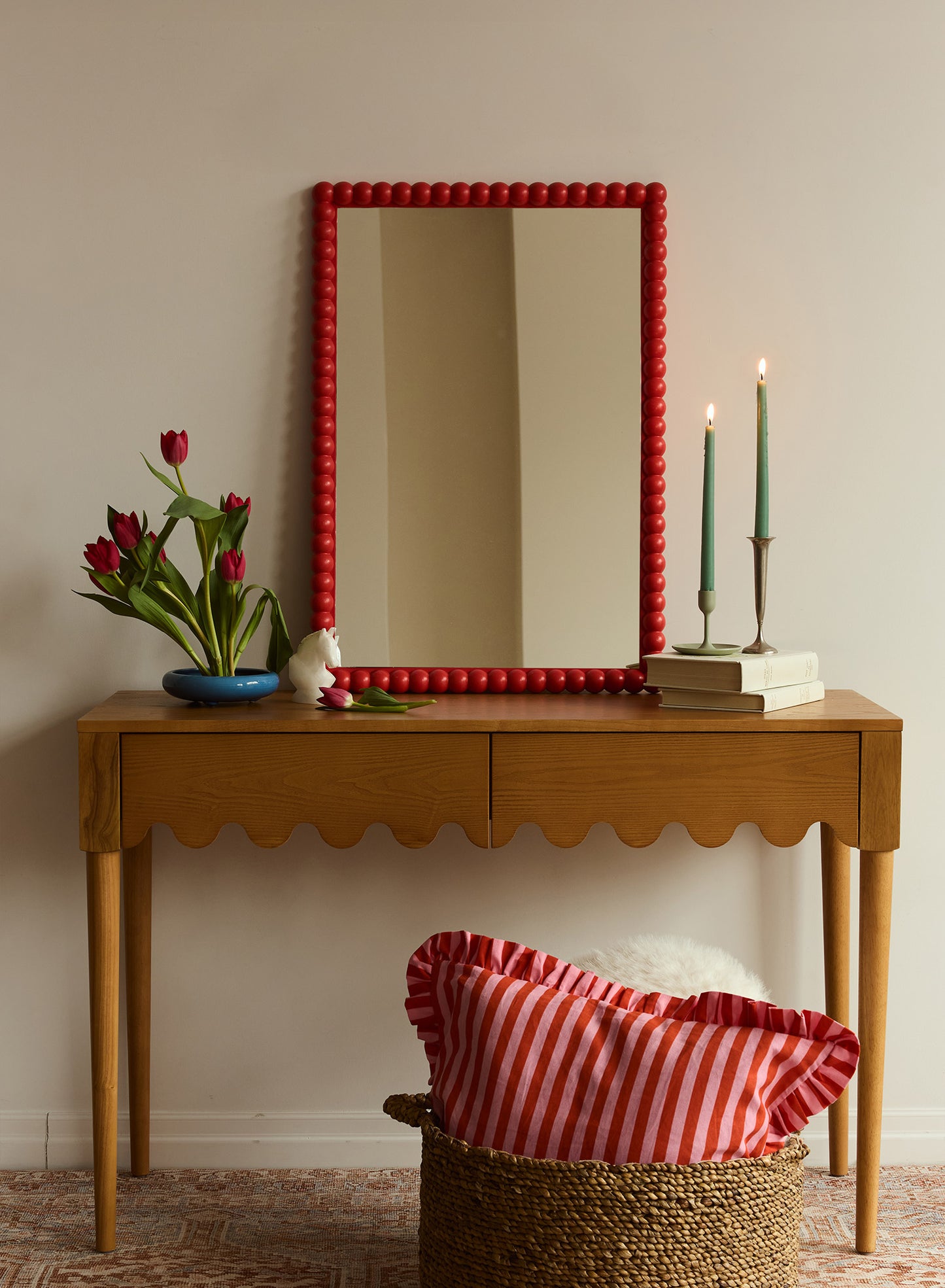 Small Poppy Bobbin Mirror – Red, Oak Frame, 20x30 in | 51x76 cm