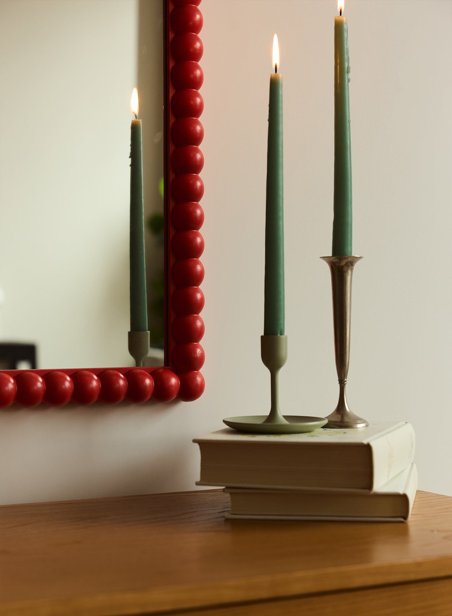 Large Poppy Bobbin Mirror – Red, Oak Frame, 28x40 in | 70x100 cm