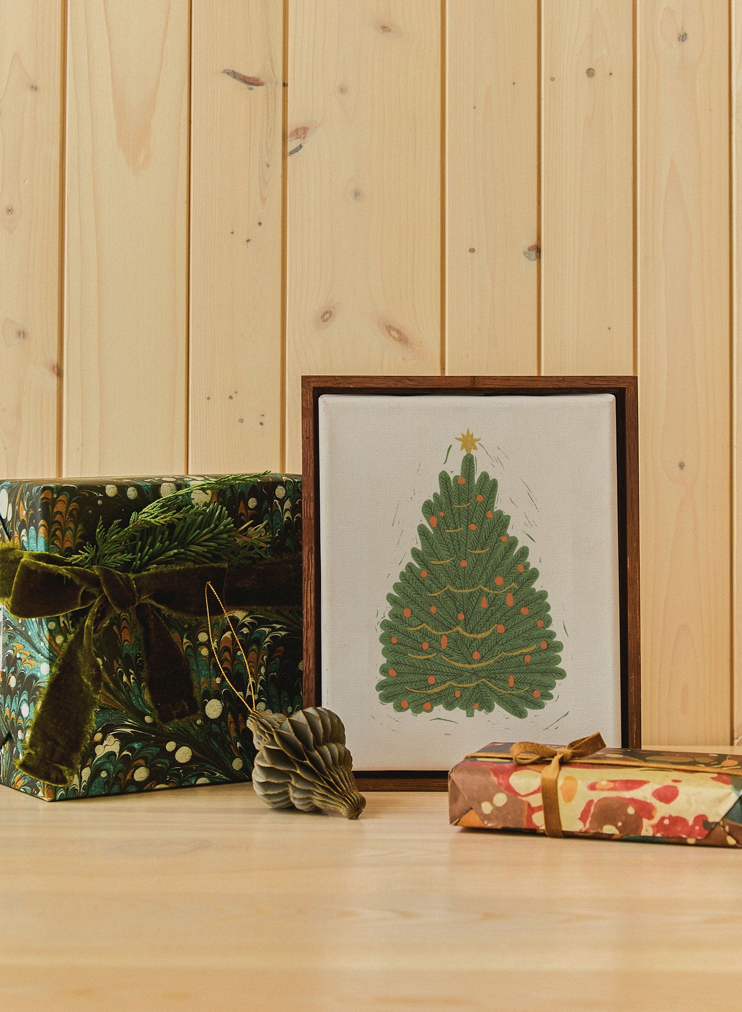 Vintage Holiday Tree Block Print, Canvas