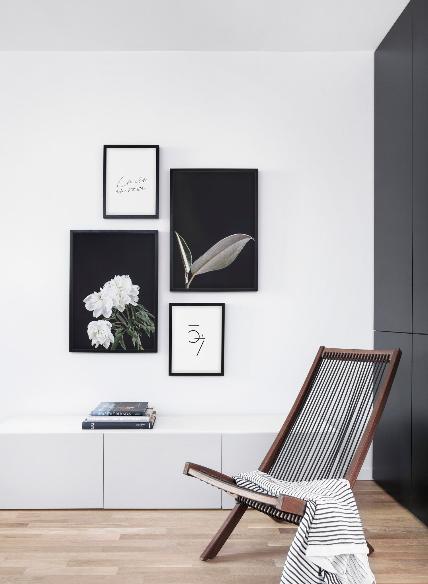 Scandinavian art print by Opposite Wall  with Peony White on Black art photo - Living room with a chair