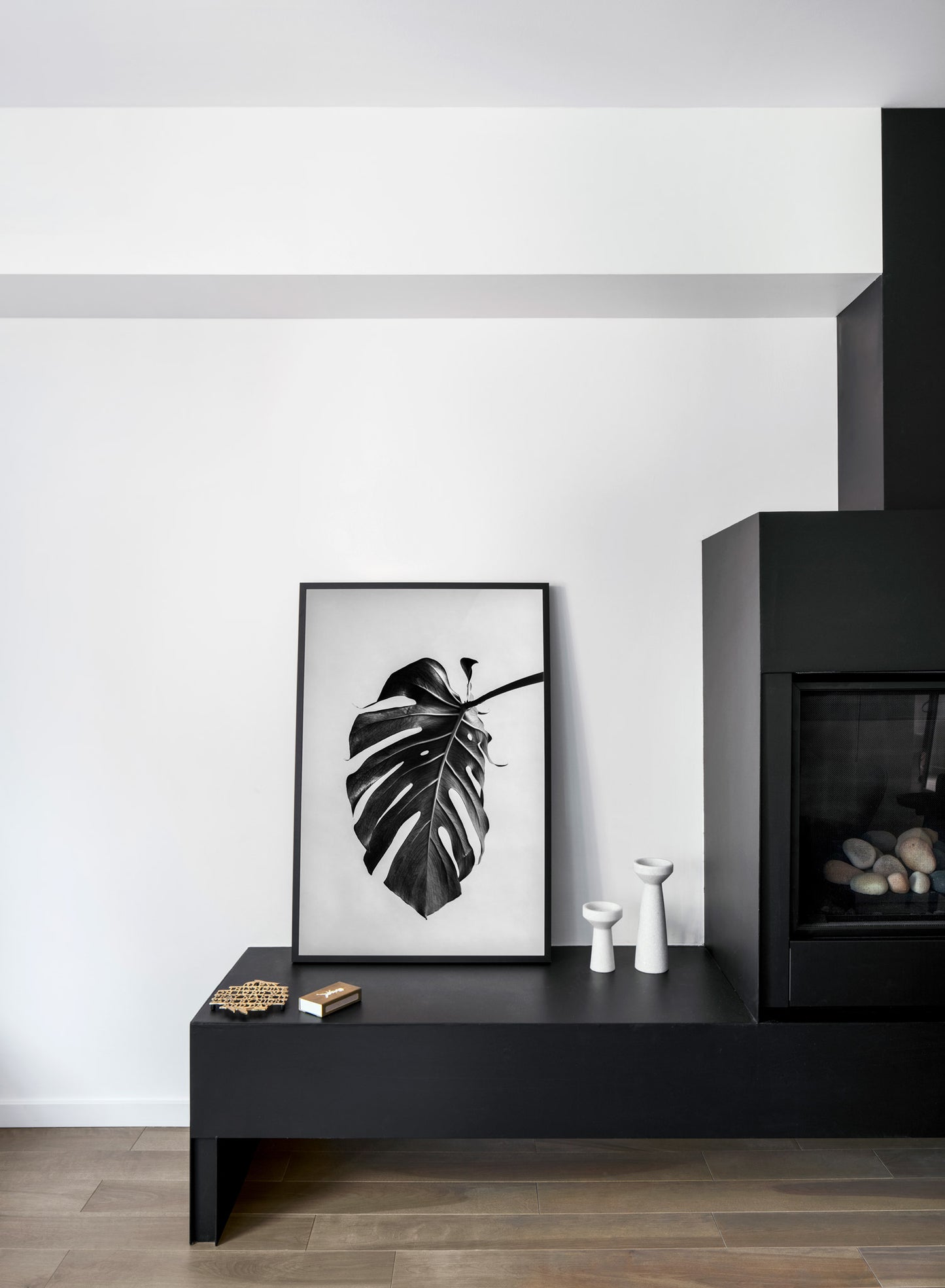 Scandinavian poster by Opposite Wall with black and white Monstera leaf photography - Fireplace