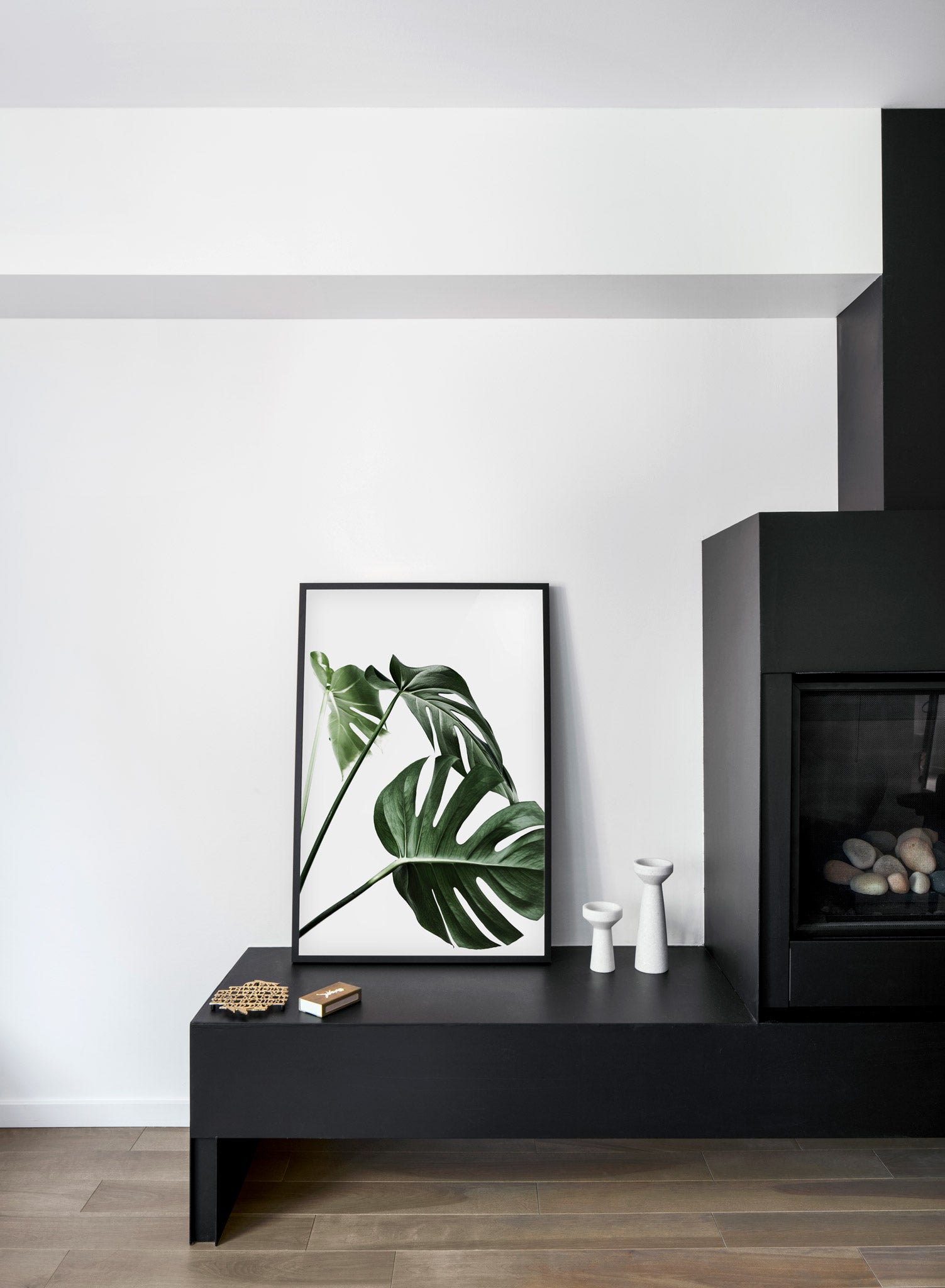Scandinavian art print by Opposite Wall with Monstera leaf photo Three's a charm - Fireplace