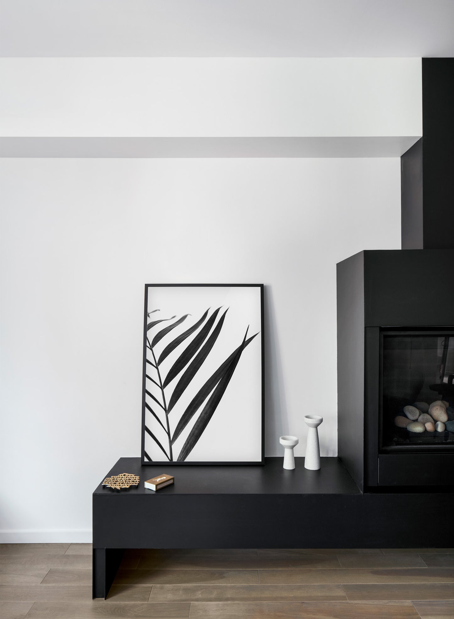 Minimalist Black and White Palm Photography Poster by Opposite Wall - Fireplace