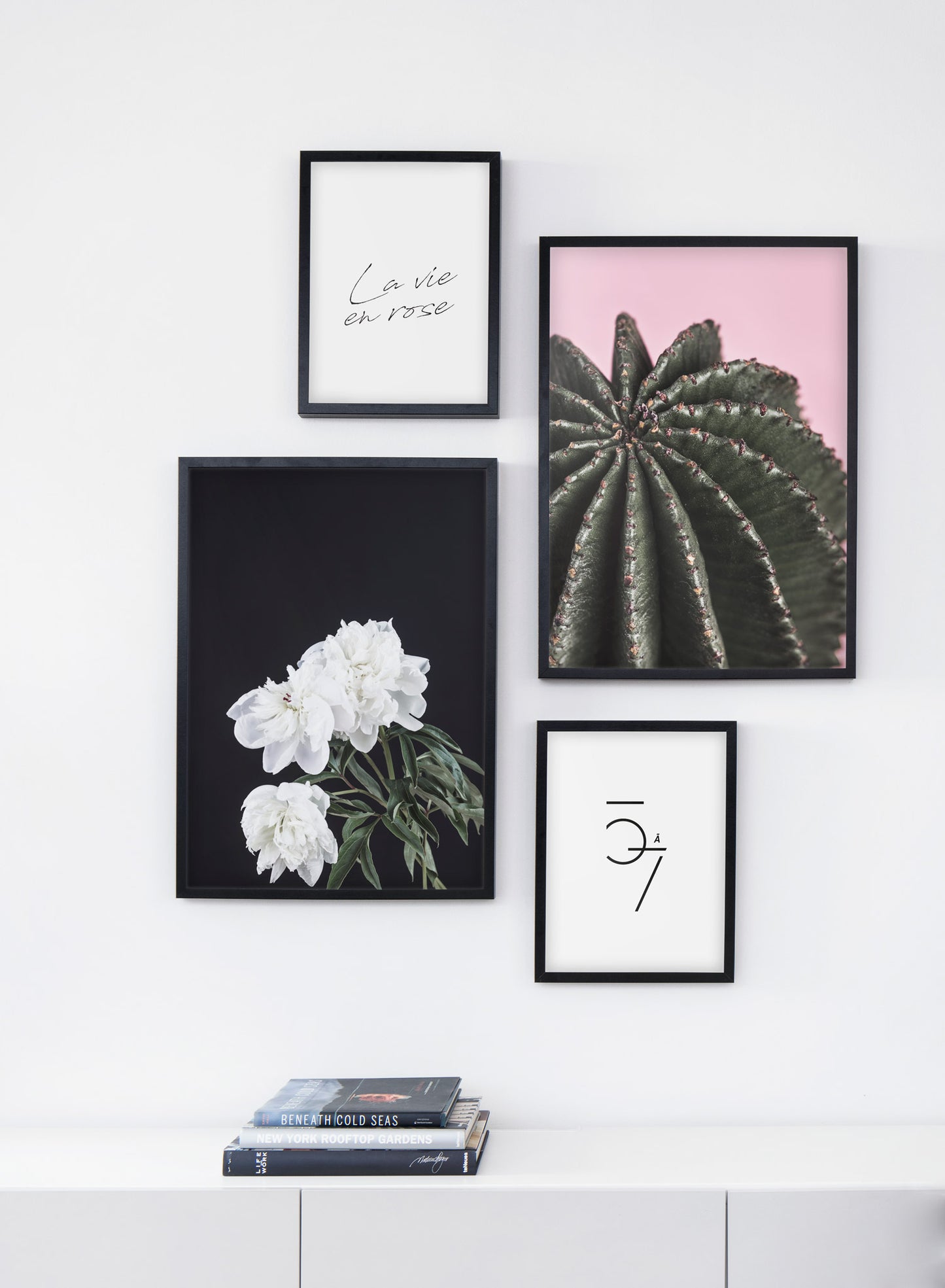 Scandinavian poster by Opposite Wall with trendy La vie en rose black and white typography design - Living room bookshelf
