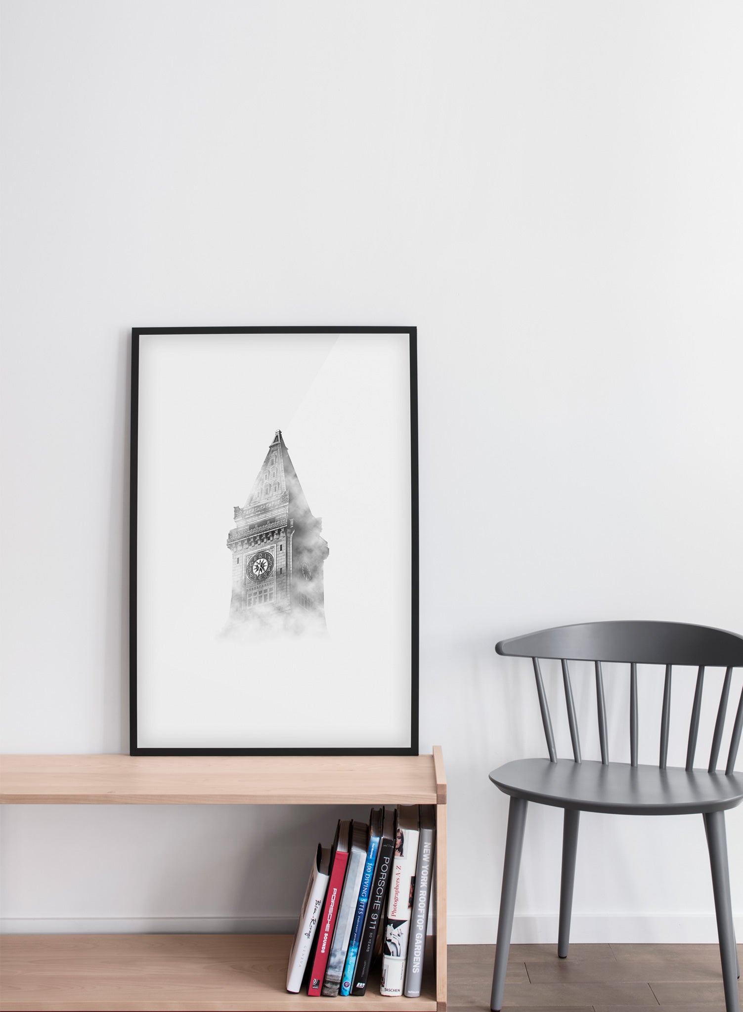 Modern minimalist art print by Opposite Wall with Six O' Clock art photo - Living room with a grey chair