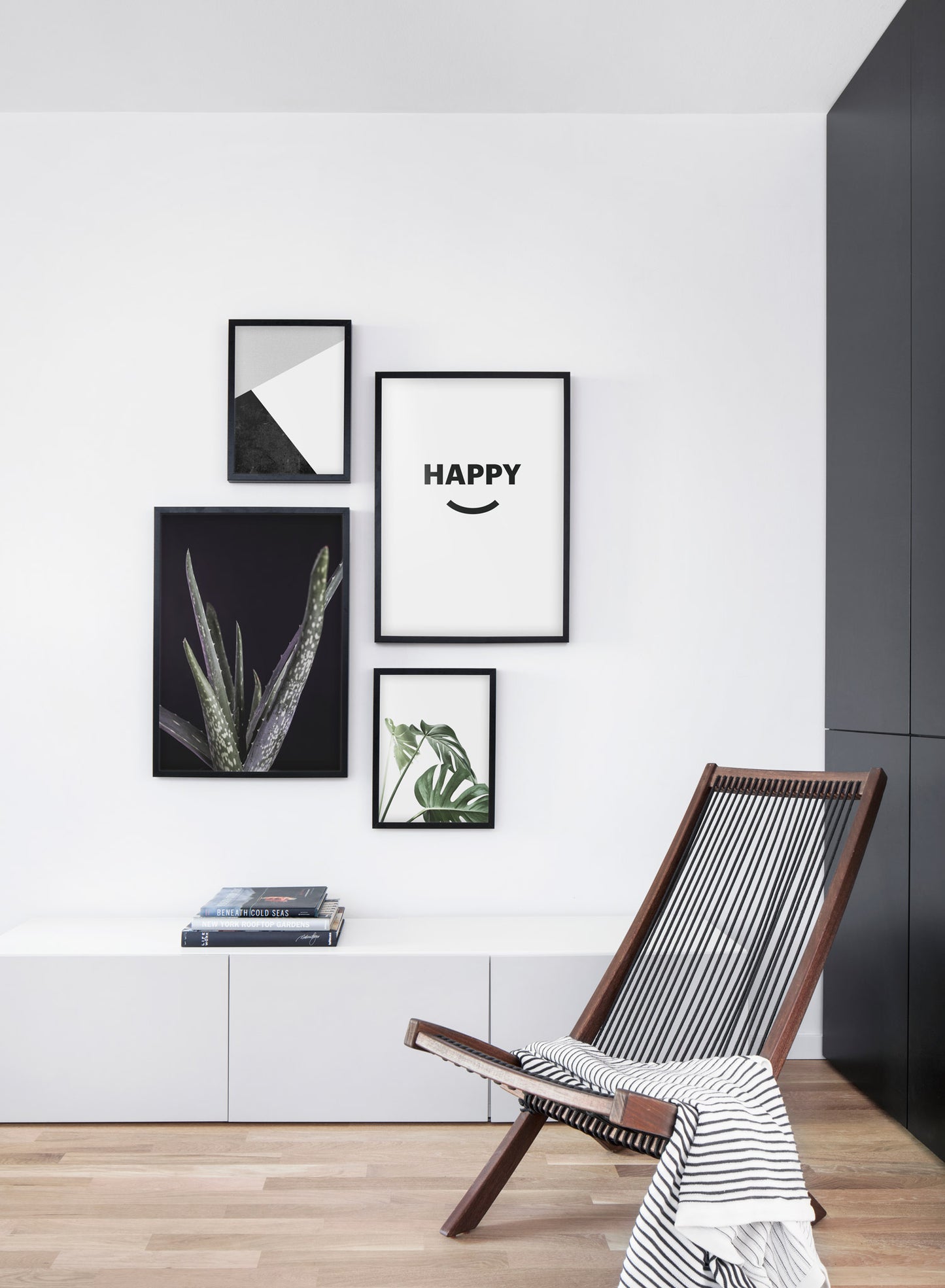 Modern minimalist poster by Opposite Wall with typography Happy graphic design - Living room with a chair