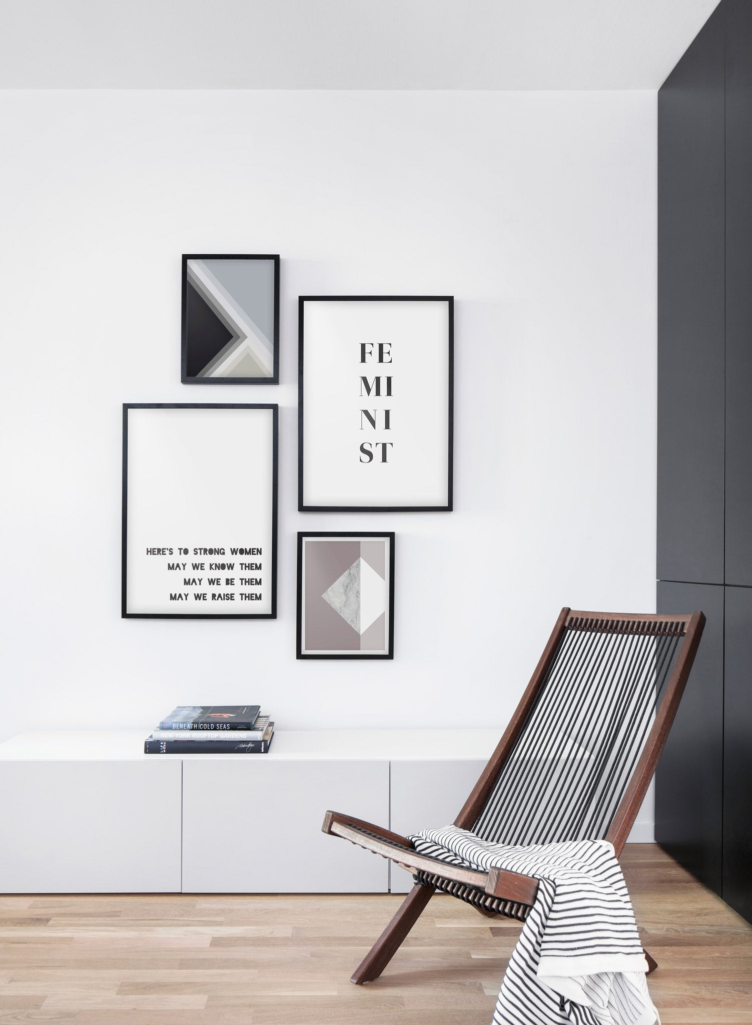 Minimalist poster by Opposite Wall with  inspirational Women quote and typography design - Living room with a chair