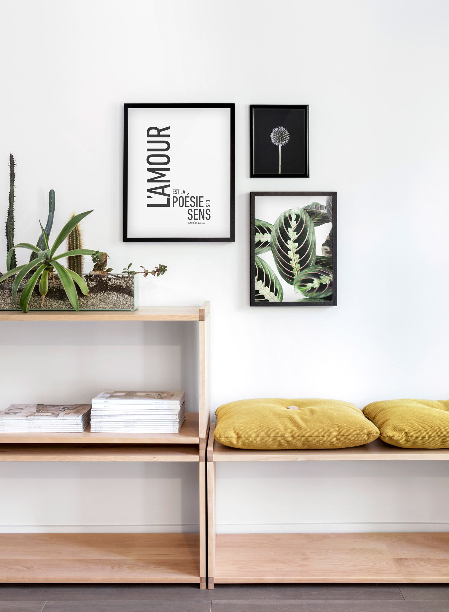 Scandinavian poster by Opposite Wall with colorful Leafy art photo - Living room close-up on yellow cushions and a cactus