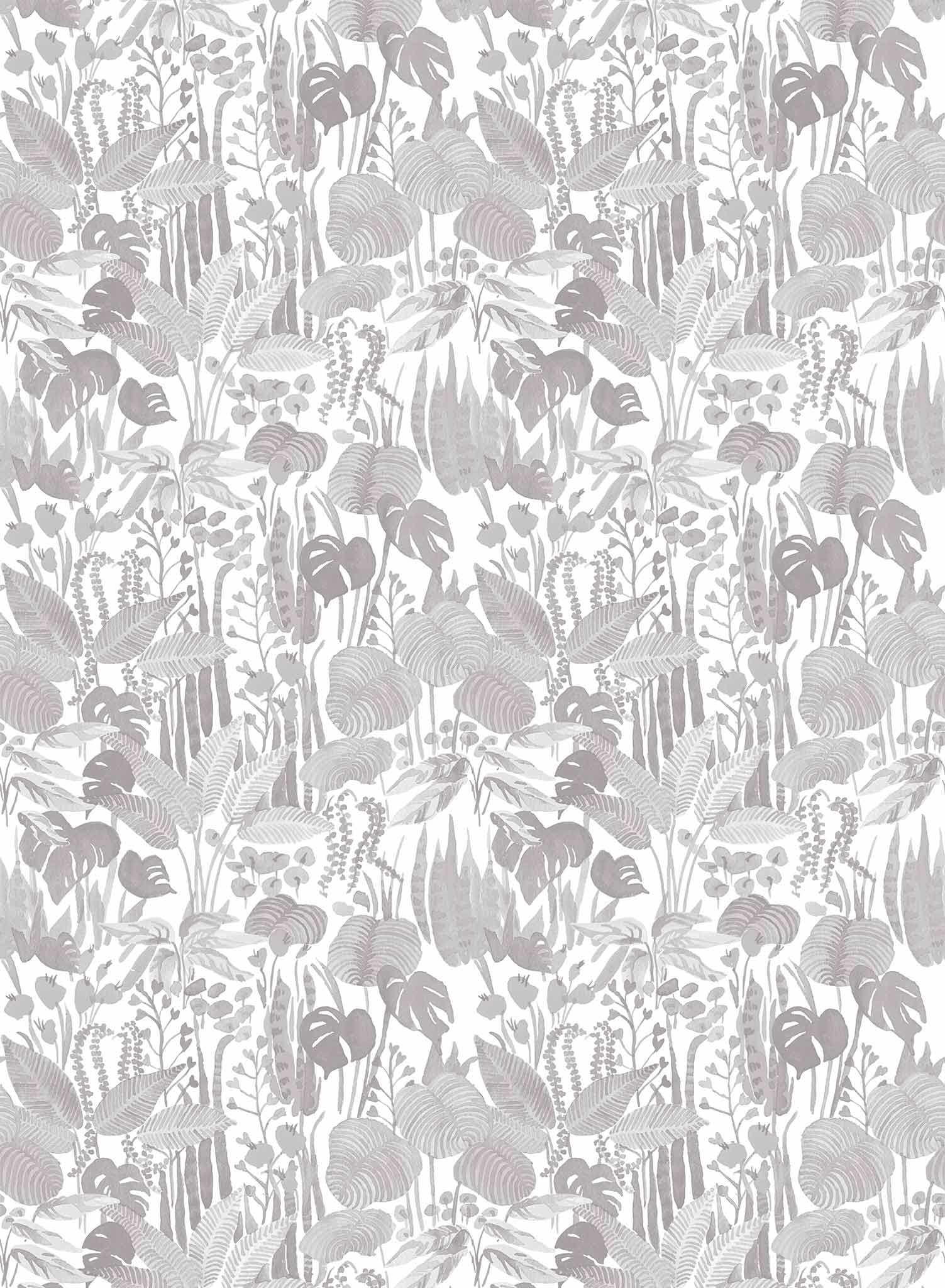 Tropicalia is a minimalist wallpaper by Opposite Wall of a variety of tropical plant leaves.