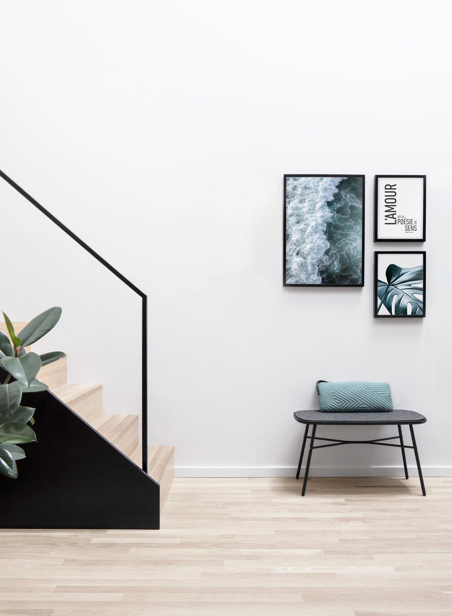Modern minimalist poster by Opposite Wall with Emerald waters photography - Living room with a design staircase