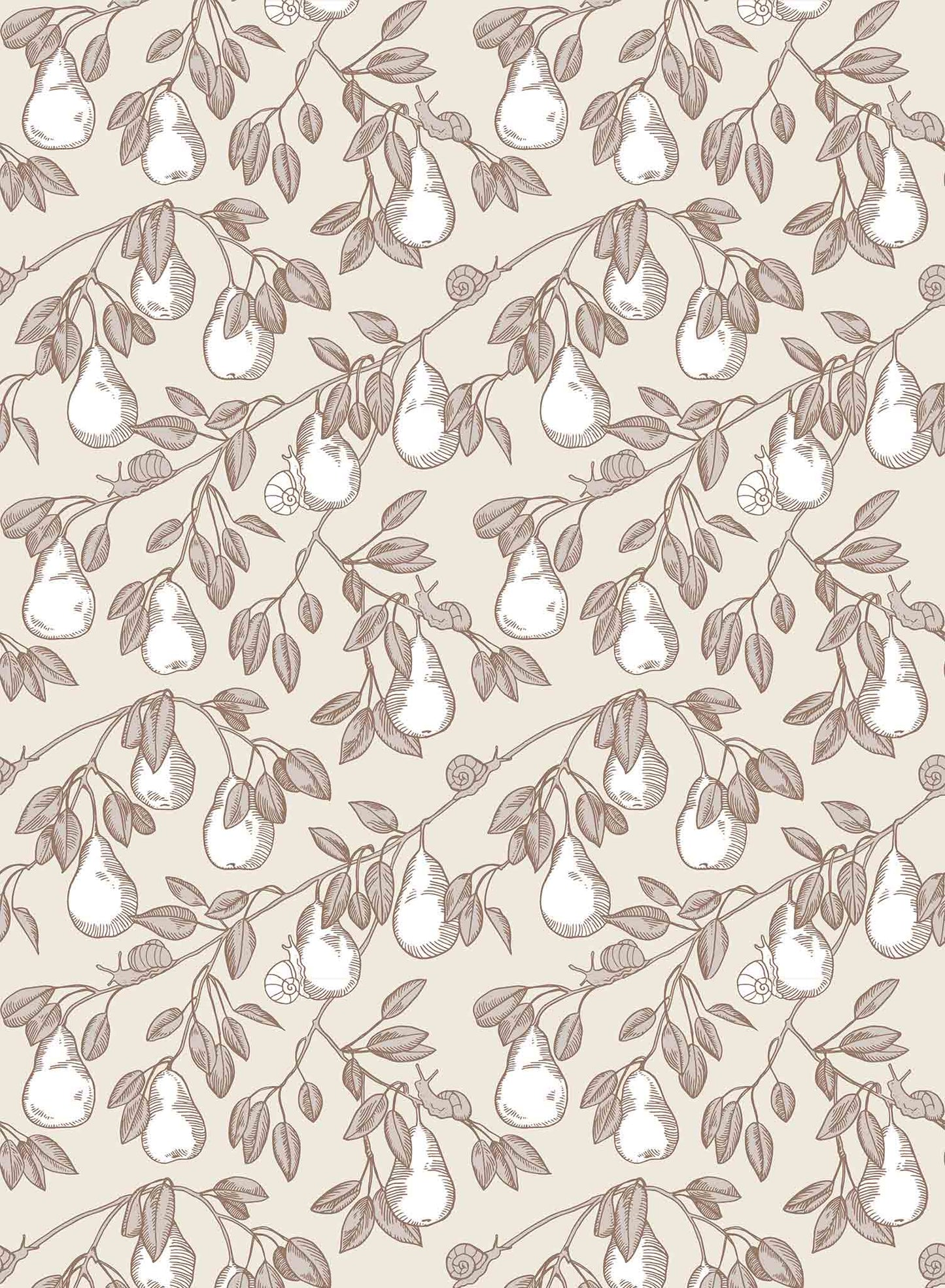 Pear Picking is a minimalist wallpaper by Opposite Wall of a series of pears hanging from its tree.