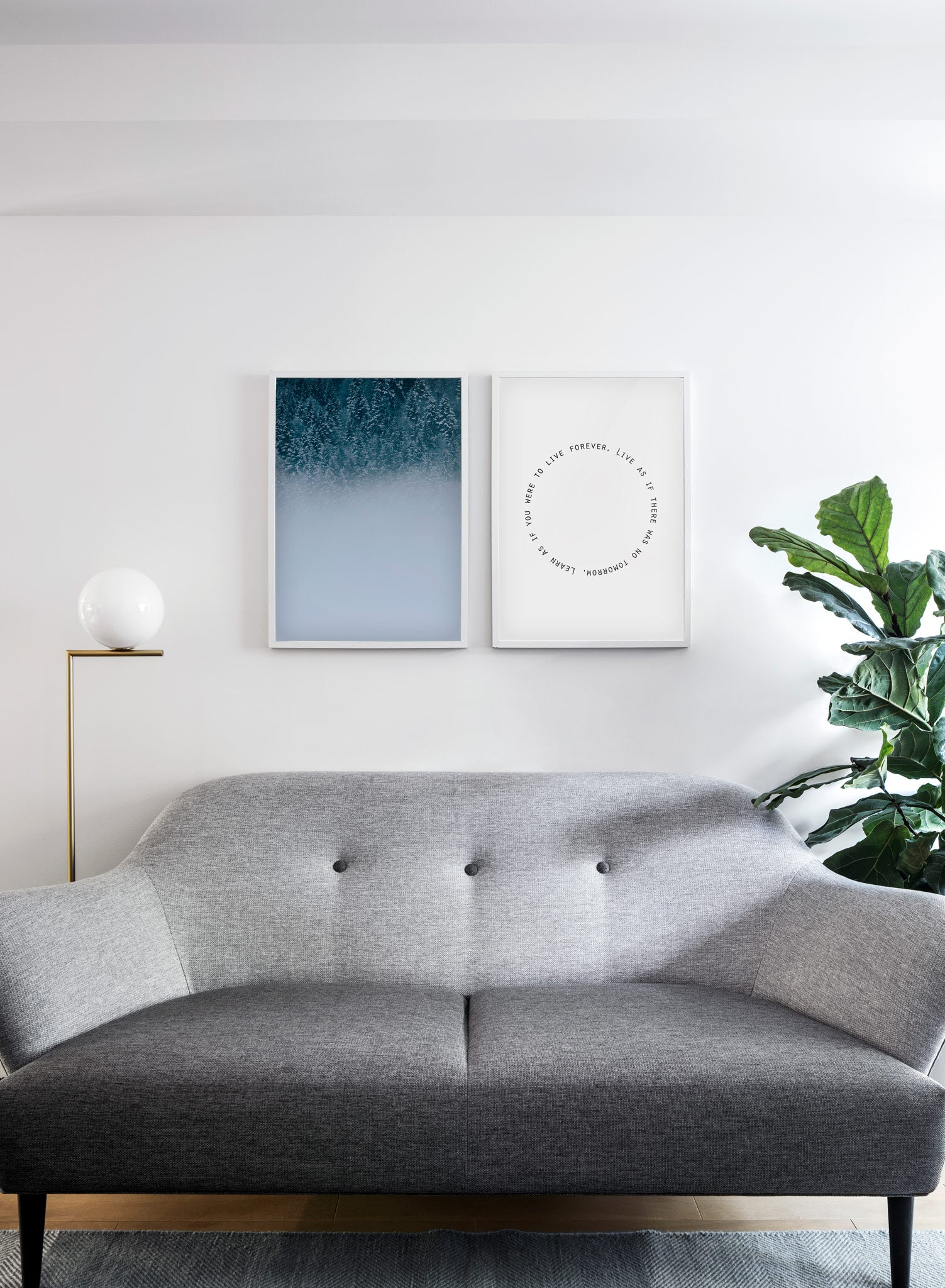 Minimalist poster by Opposite Wall with misty Winter Forest photography - Living room couch