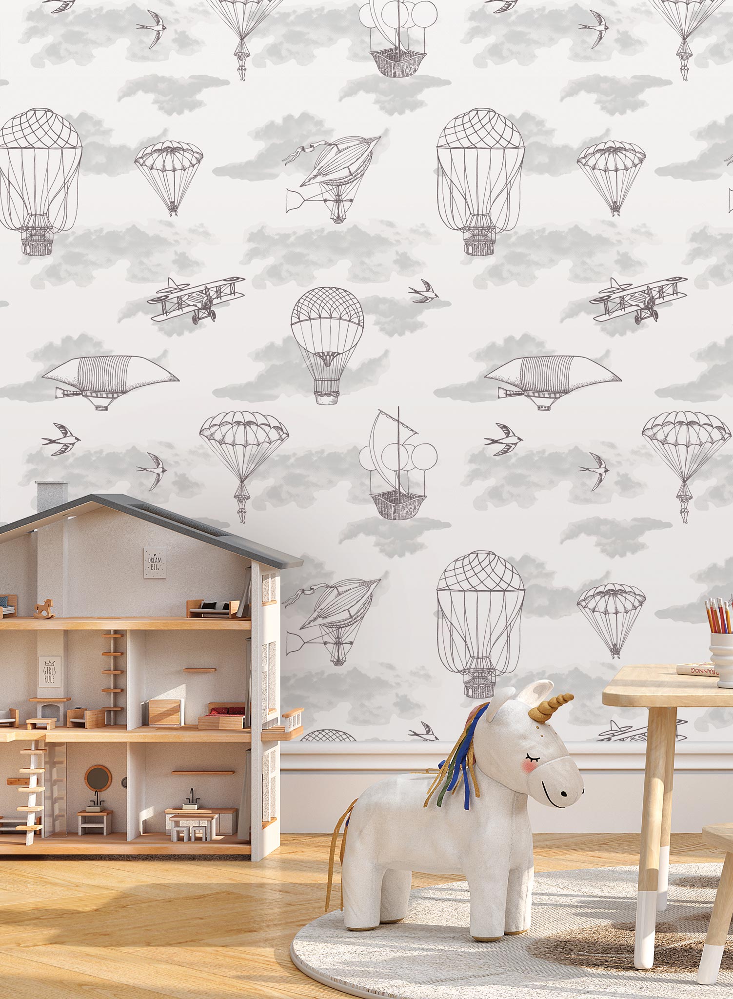Fantastic Voyages is a minimalist wallpaper by Opposite Wall of a flying planes & hot air balloon