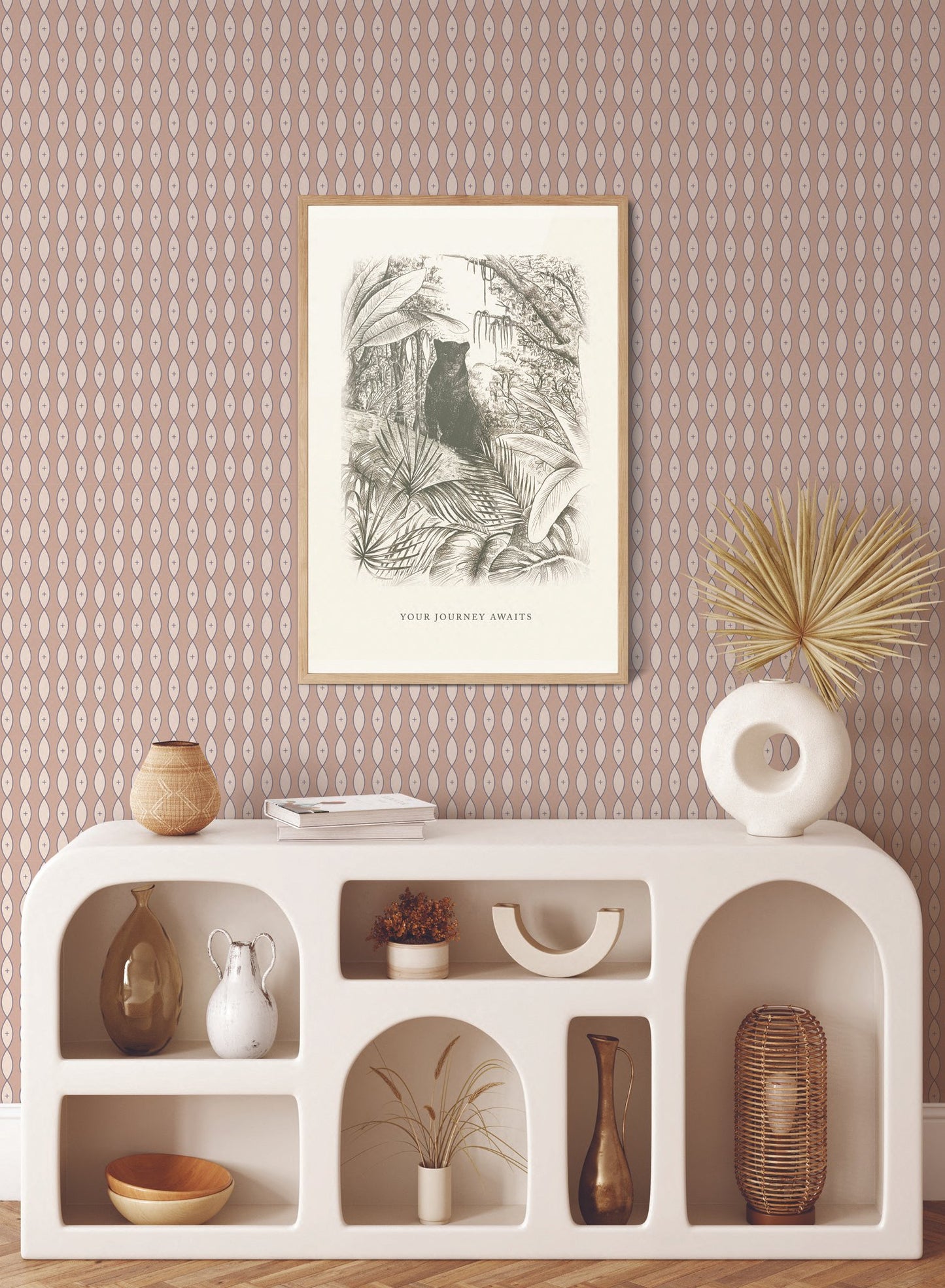Idyll is a minimalist wallpaper by Opposite Wall of vertical garlands of pointed oval shapes.