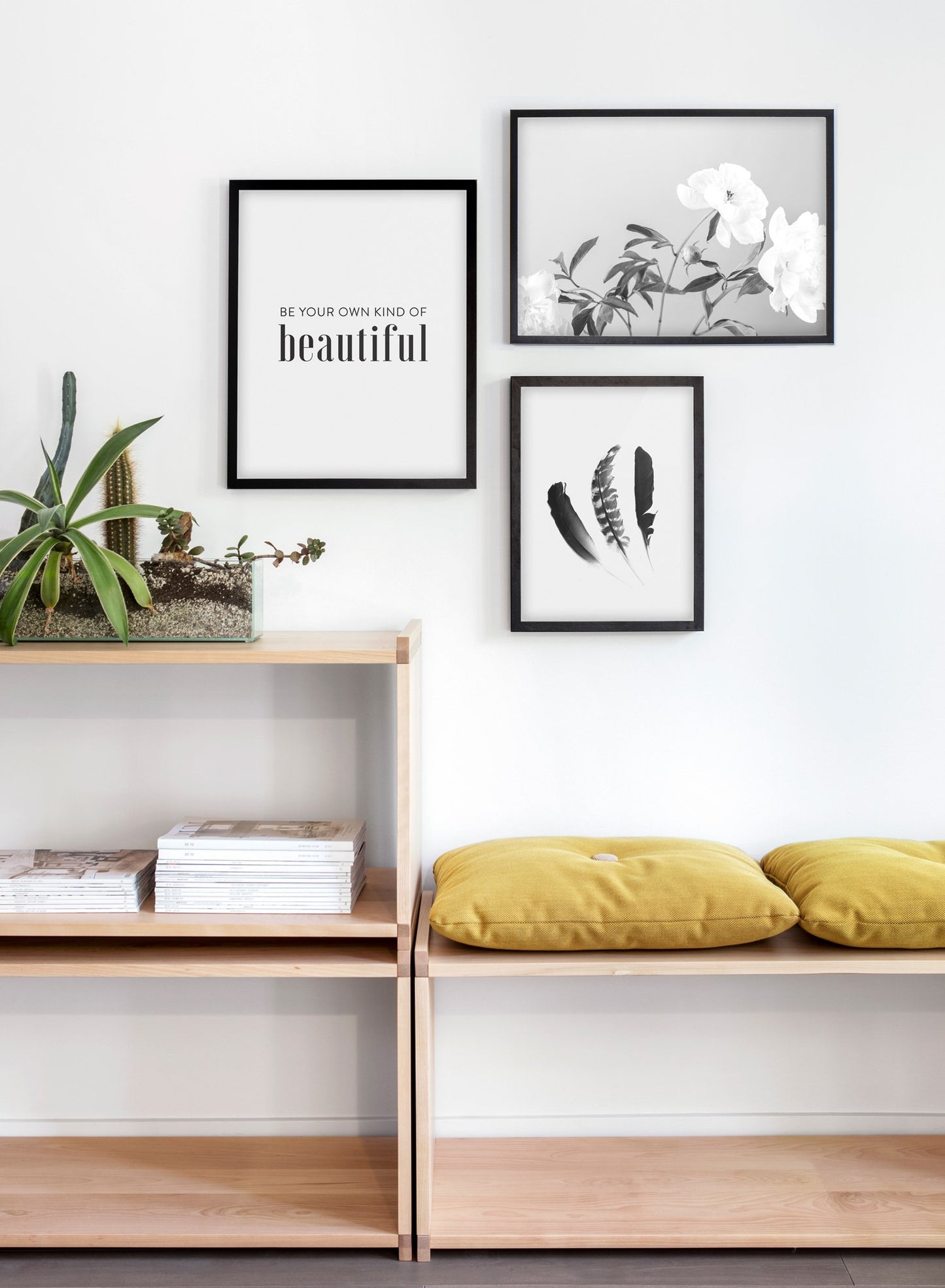 Scandinavian poster with black and white graphic typography design of Be your own kind of beautiful - Cozy living room yellow nook