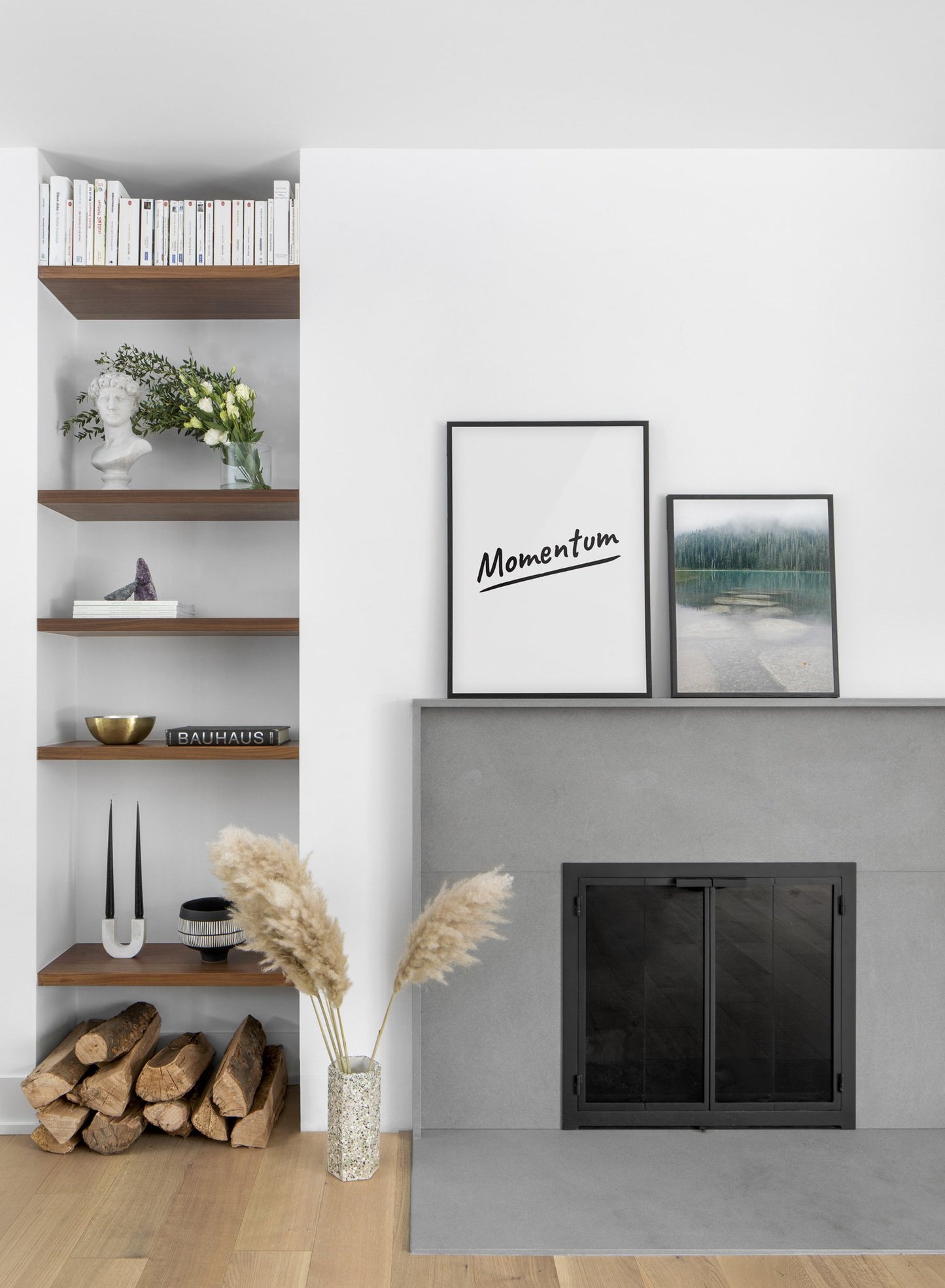 Scandinavian poster by Opposite Wall with black and white graphic typography design of Momentum - Living room with a fireplace