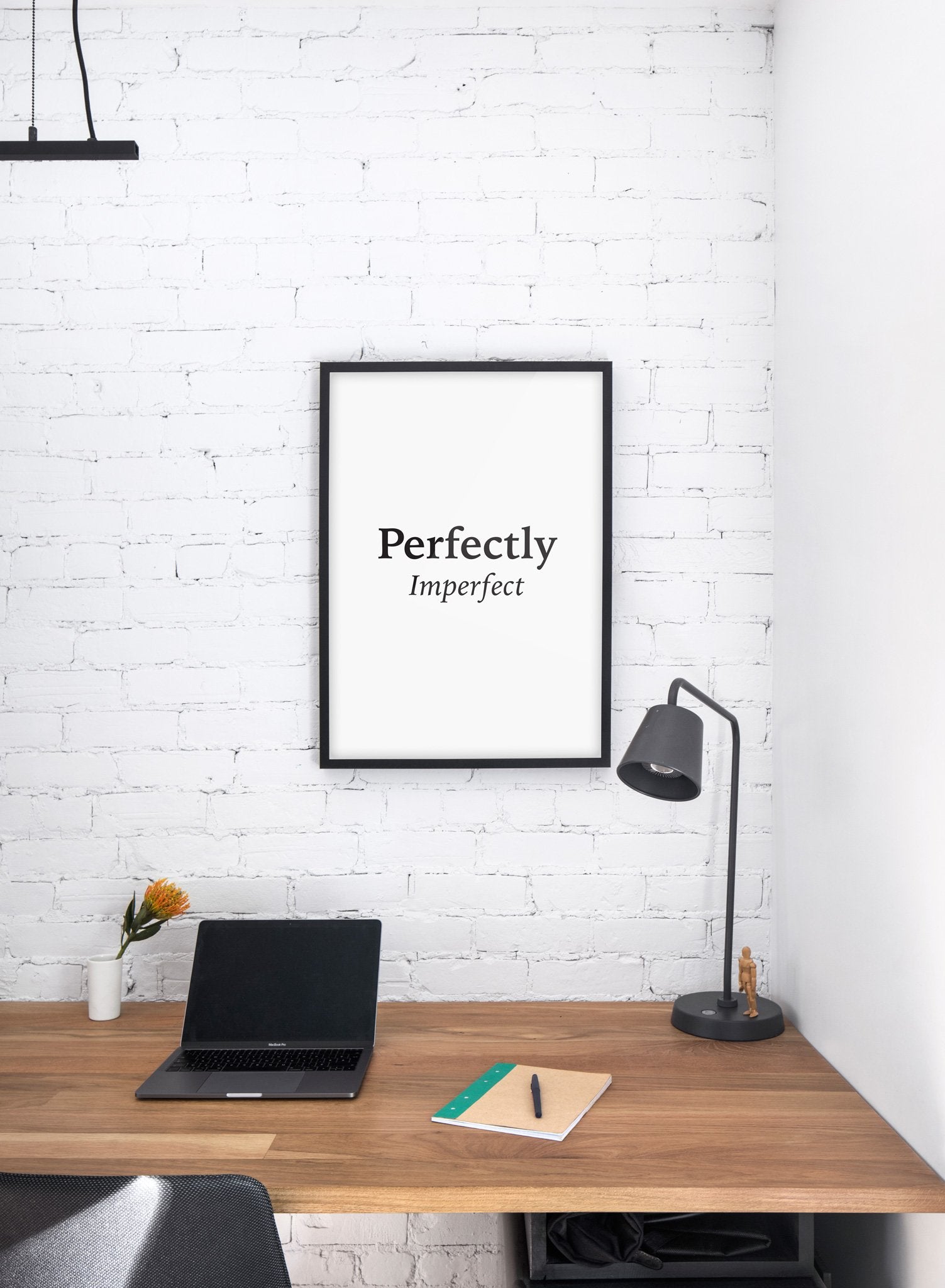 Scandinavian poster with black and white graphic typography design of Perfectly Imperfect - Personal home office