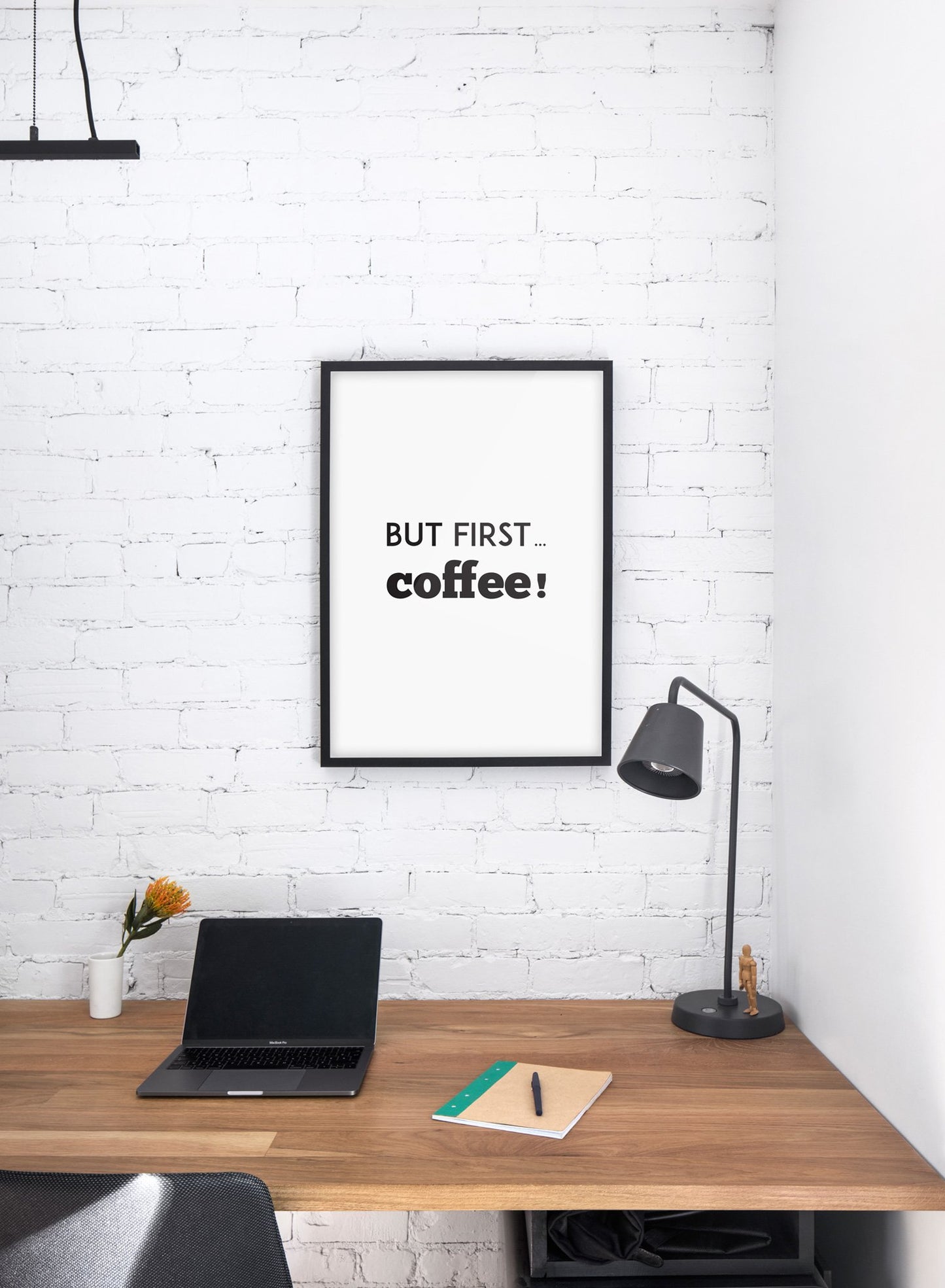 Scandinavian poster with black and white graphic typography design of But first coffee - Personal home office