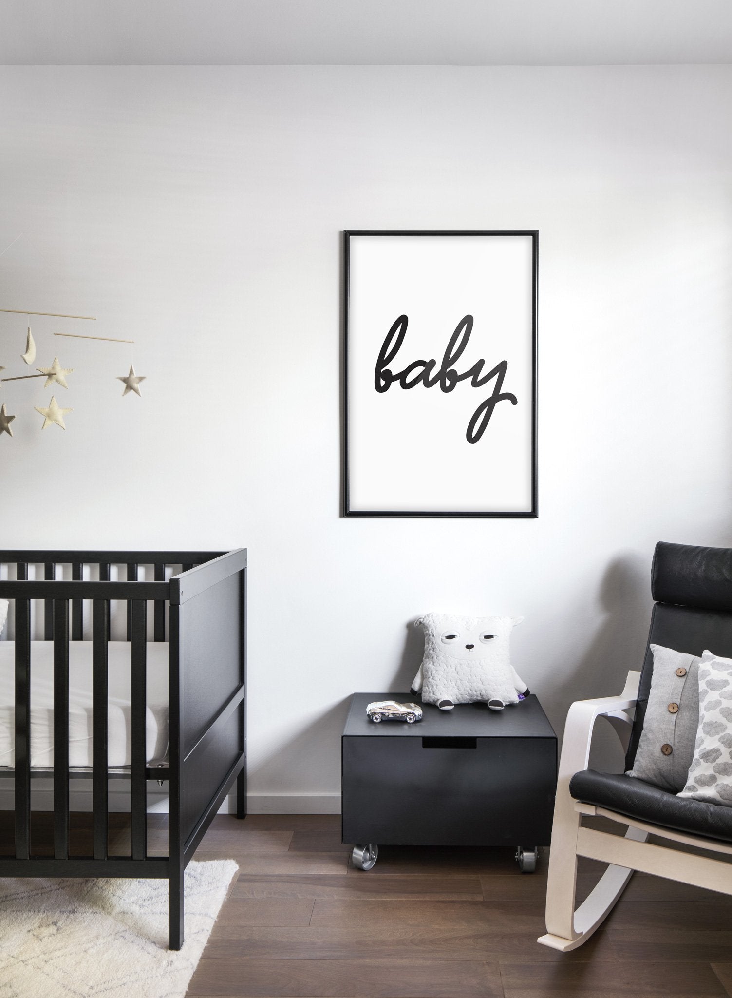 Scandinavian poster with black and white graphic typography design of Baby - Baby nursery room
