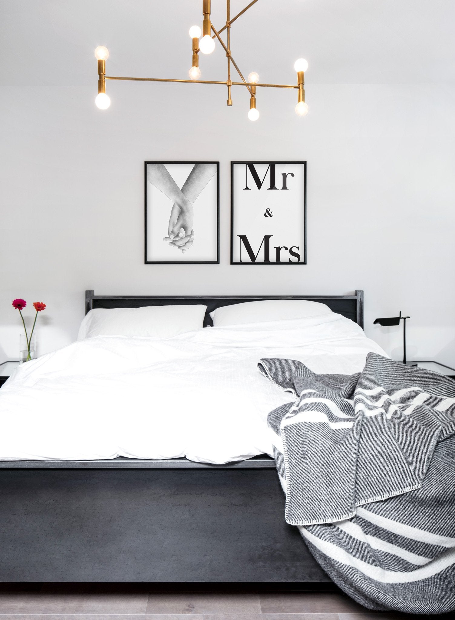 Scandinavian poster with black and white graphic typography design of Mr & Mrs - Gallery Wall Duo - Romantic bedroom