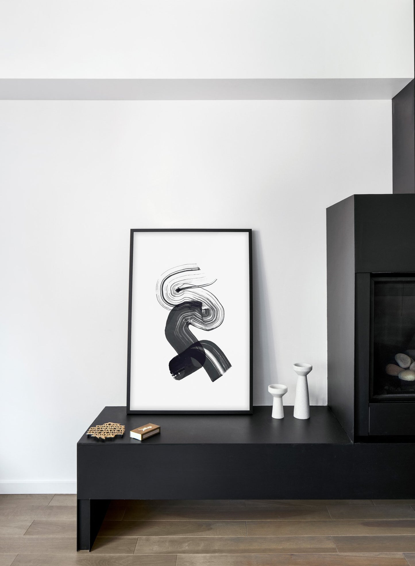 Scandinavian poster by Opposite Wall with hand-made art design Black Curves - Cozy living room with black fireplace
